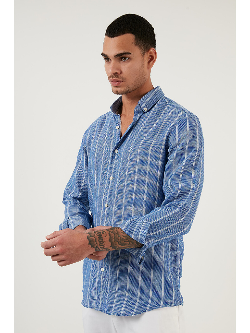 Mavi Pamuklu Çizgili Regular Fit Düğmeli Yaka Gömlek Cf21s112480-3