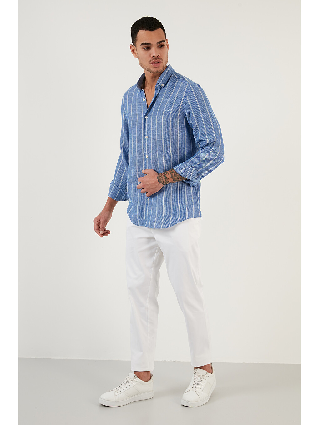 Mavi Pamuklu Çizgili Regular Fit Düğmeli Yaka Gömlek Cf21s112480-4