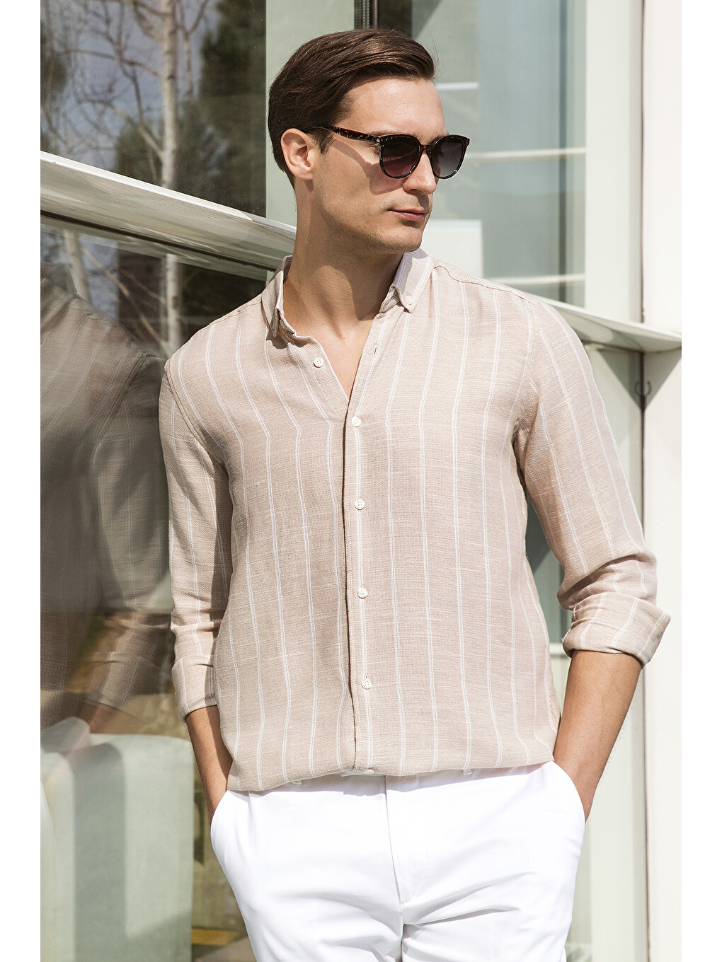 Ekru Pamuklu Çizgili Regular Fit Düğmeli Yaka Gömlek Cf21s112480-1