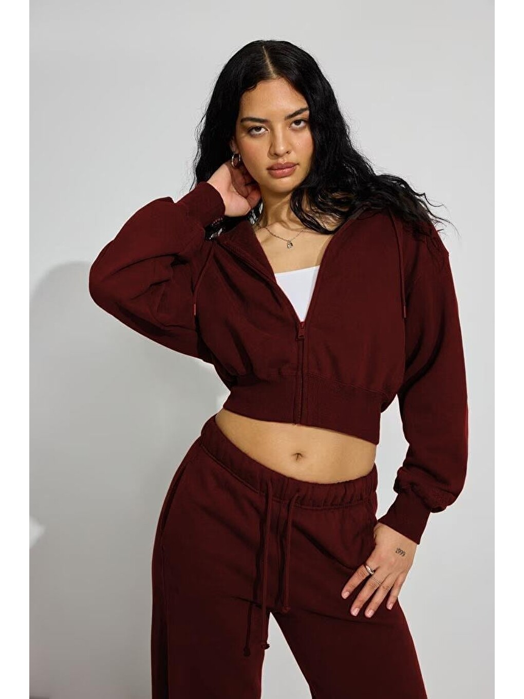 Bordo Crop Kapüşonlu Fermuarlı Kadın Sweatshirt Mg2608