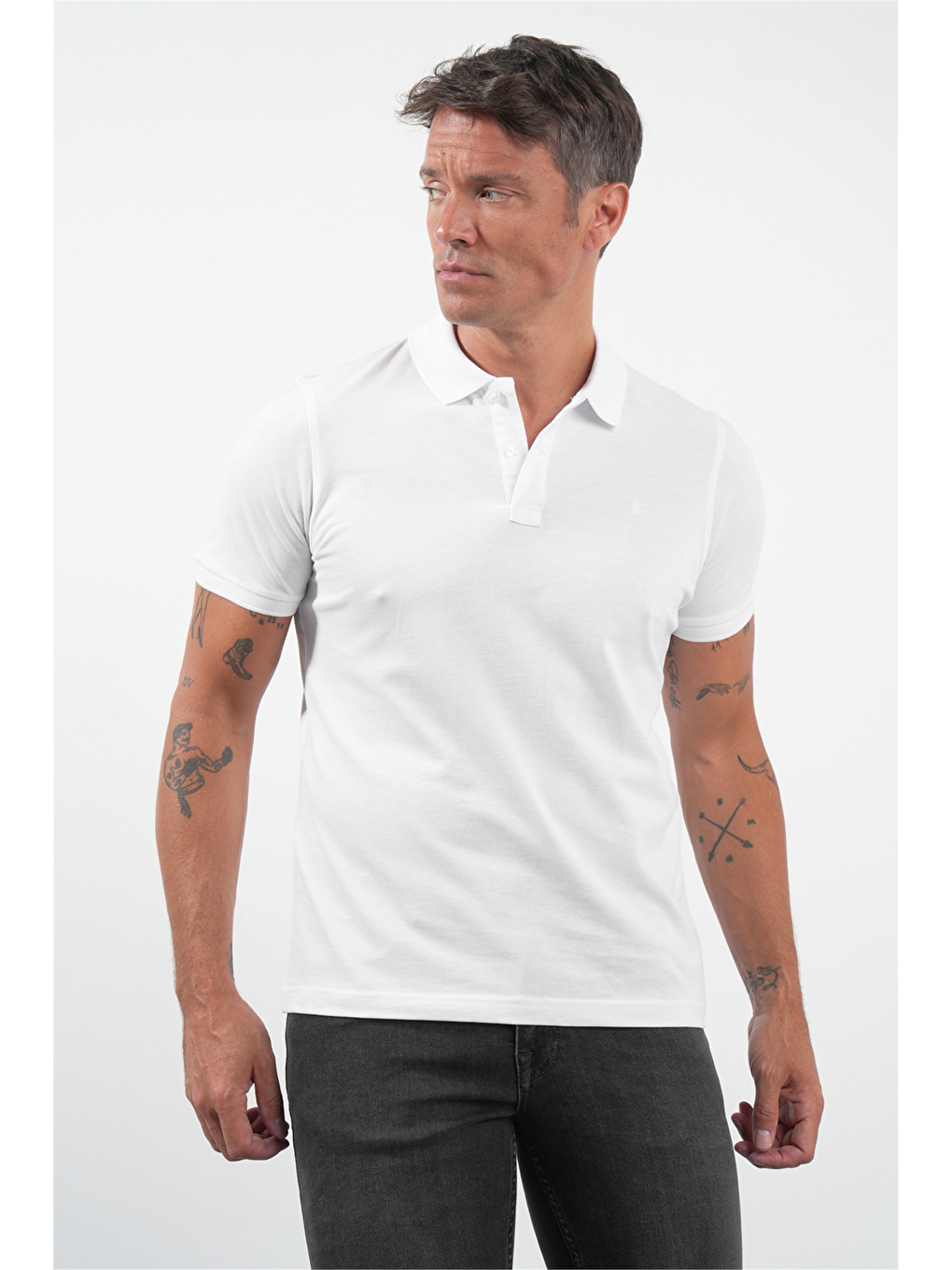 Beyaz Polo Yaka Pike Kısa Kol Slim Fit Pamuklu Tişört 1011260170-2
