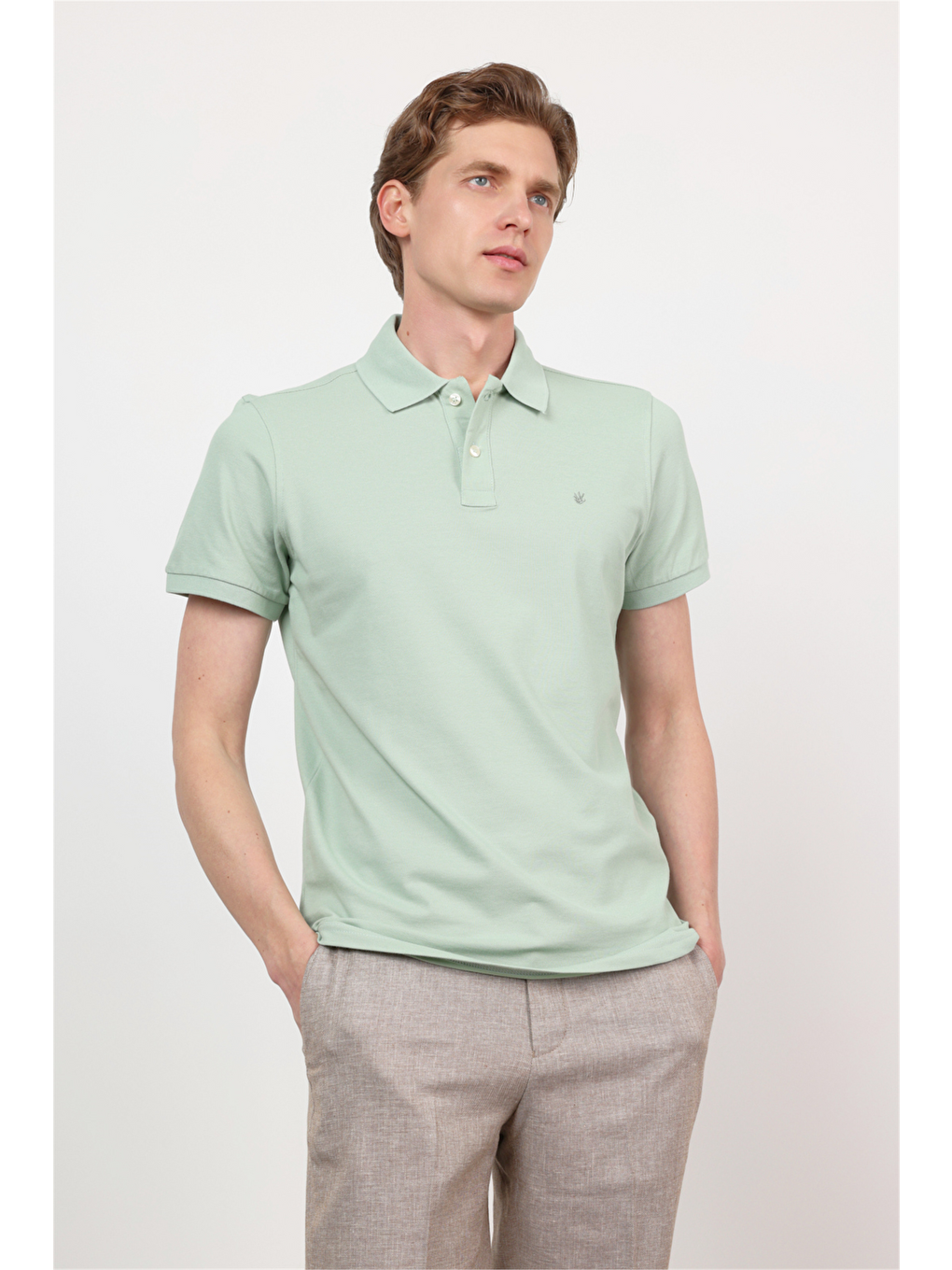 Yeşil Polo Yaka Kısa Kol Cepsiz Slim Fit Pamuklu Tişört 1011260154-2