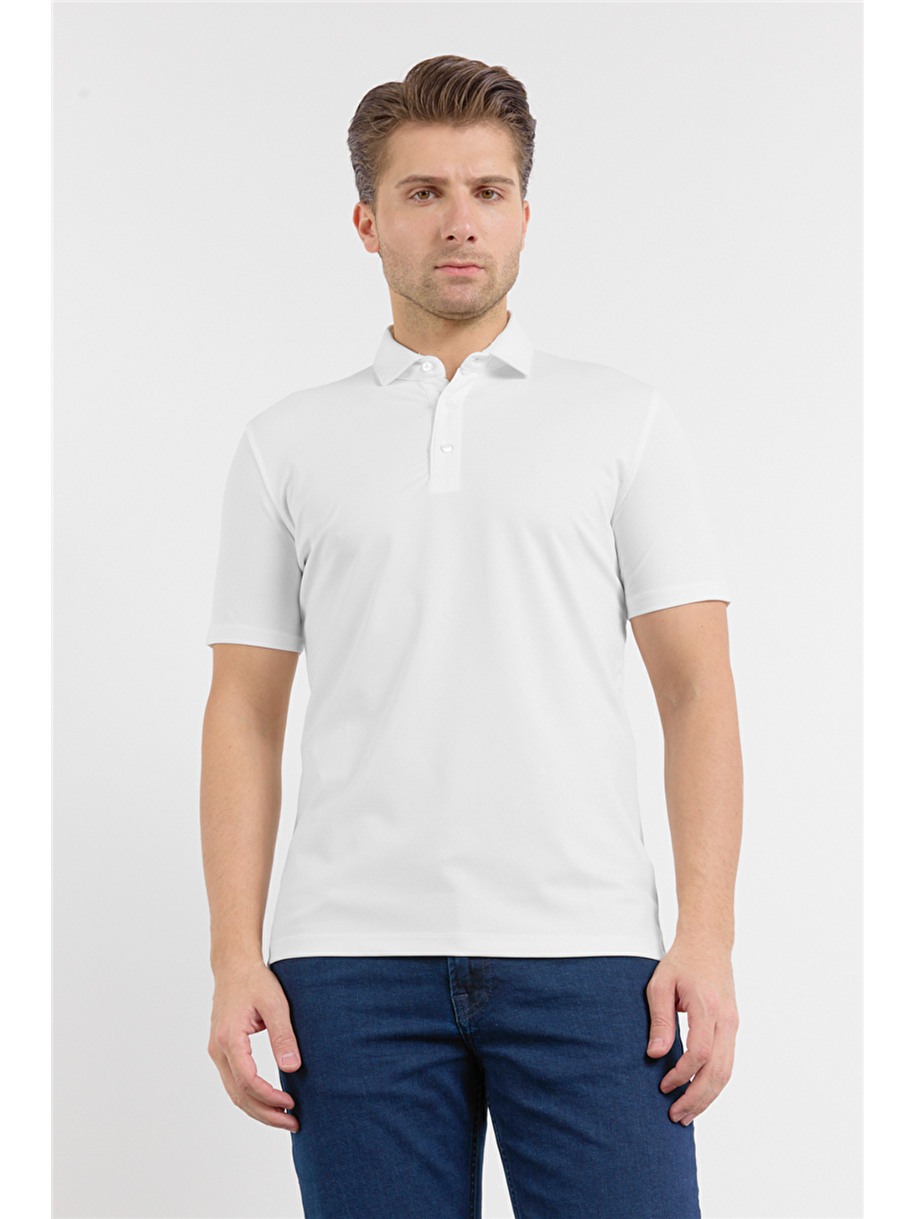 Beyaz İtalyan Yaka Kısa Kol Cepsiz Slim Fit Pamuklu Tişört 1011260180-2