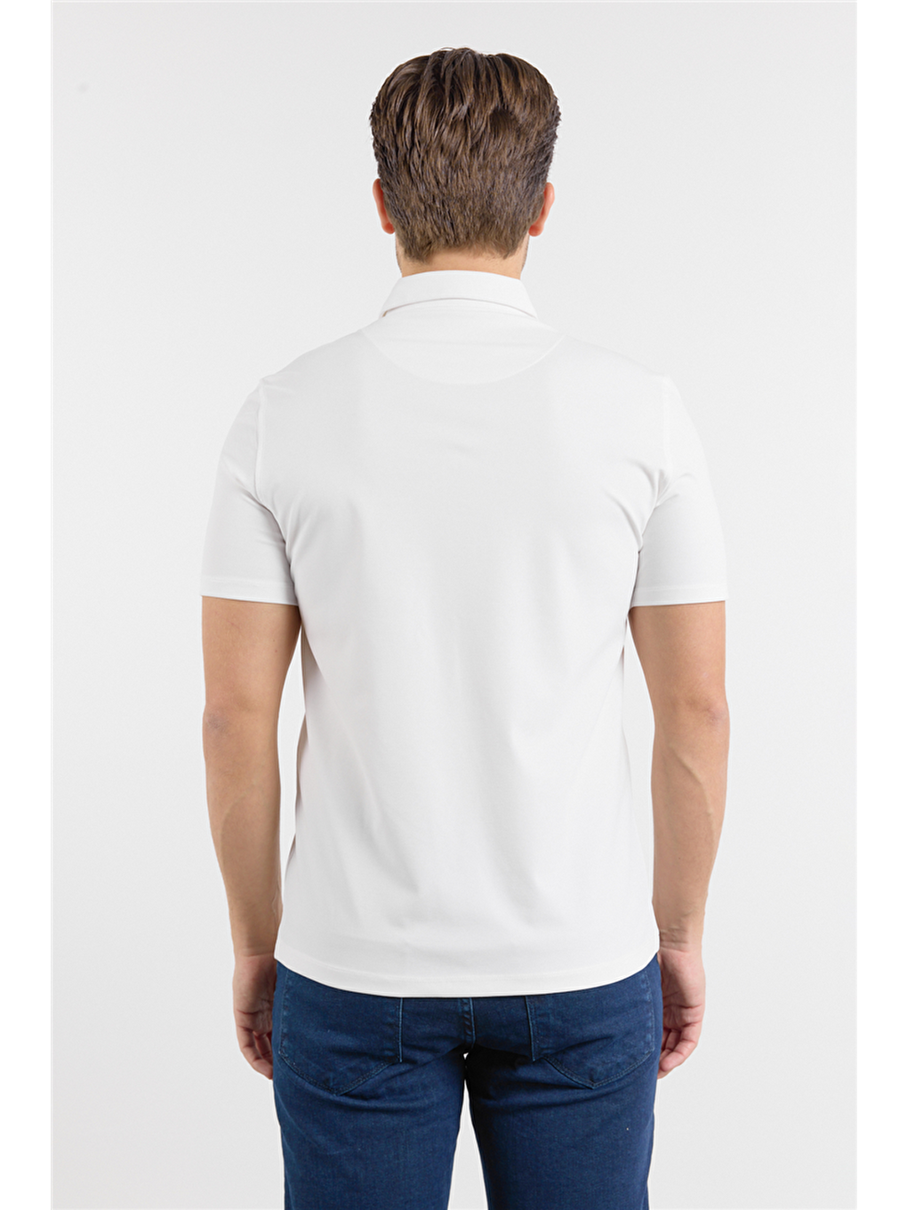 Beyaz İtalyan Yaka Kısa Kol Cepsiz Slim Fit Pamuklu Tişört 1011260180-5