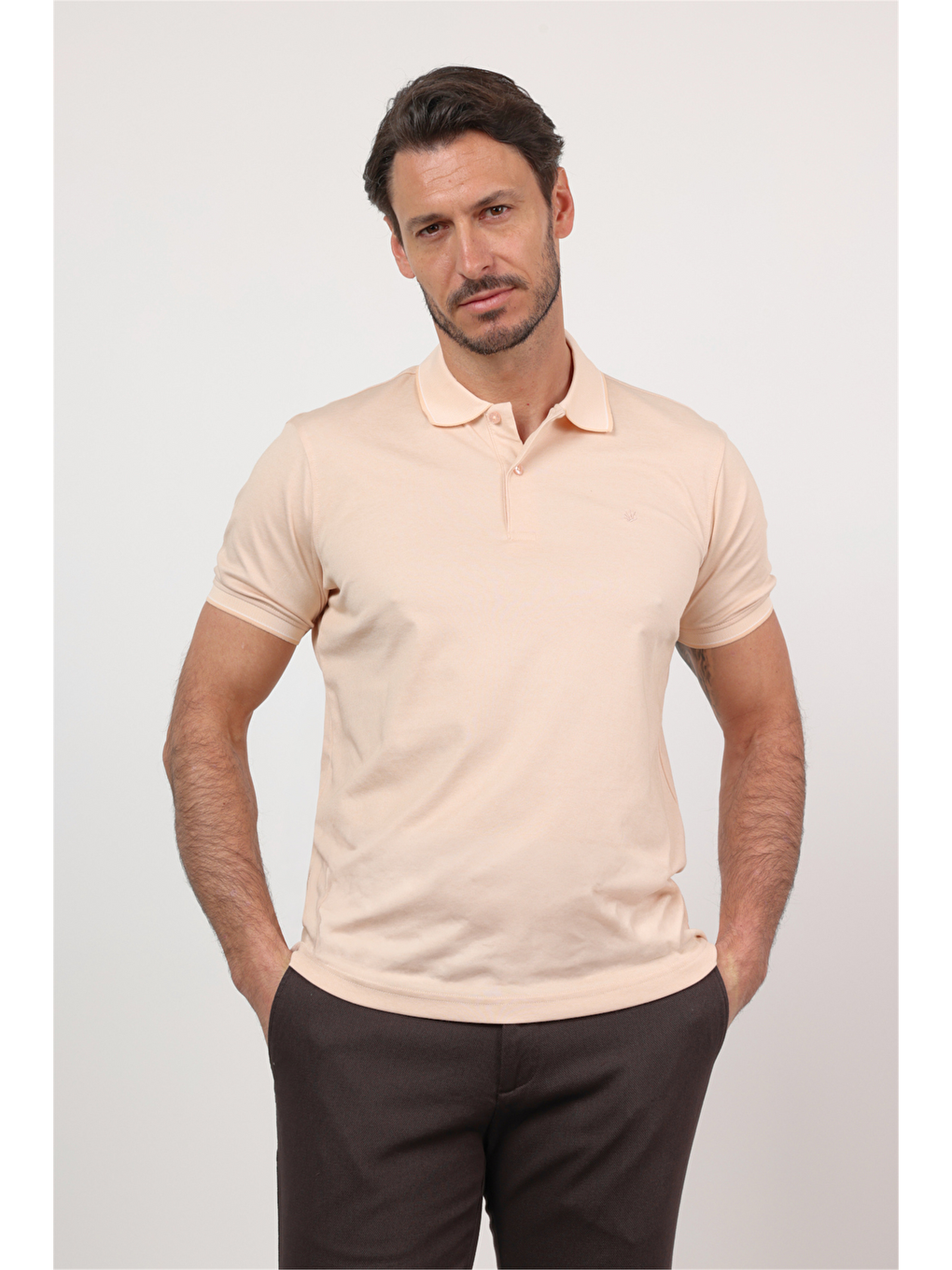 Bej Polo Yaka Kısa Kol Cepsiz Comfort Fit Pamuklu Tişört 1011260153
