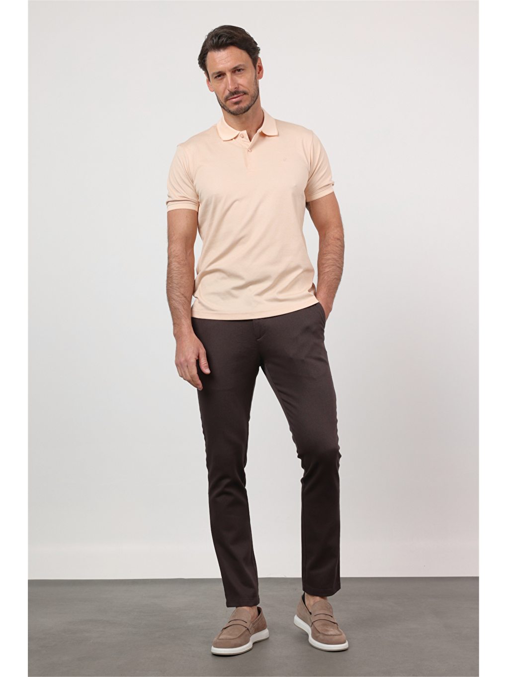 Bej Polo Yaka Kısa Kol Cepsiz Comfort Fit Pamuklu Tişört 1011260153-3