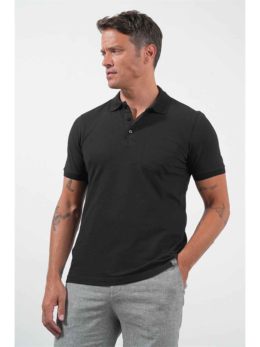 Siyah Polo Yaka Kısa Kol Cepli Comfort Fit Pamuklu Tişört 1011260155-2