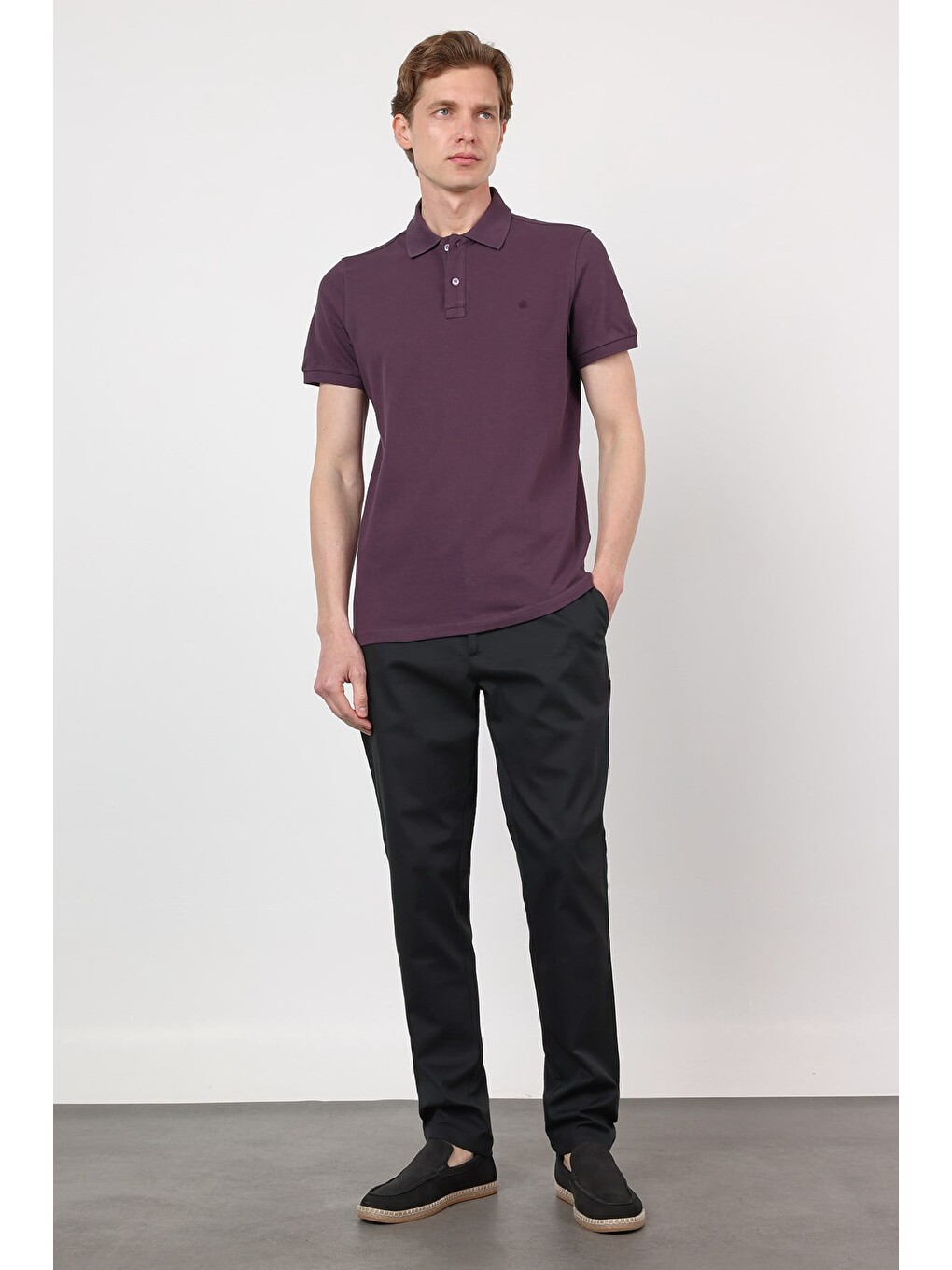 Mürdüm Mor Polo Yaka Kısa Kol Cepsiz Slim Fit Pamuklu Tişört 1011260154-1