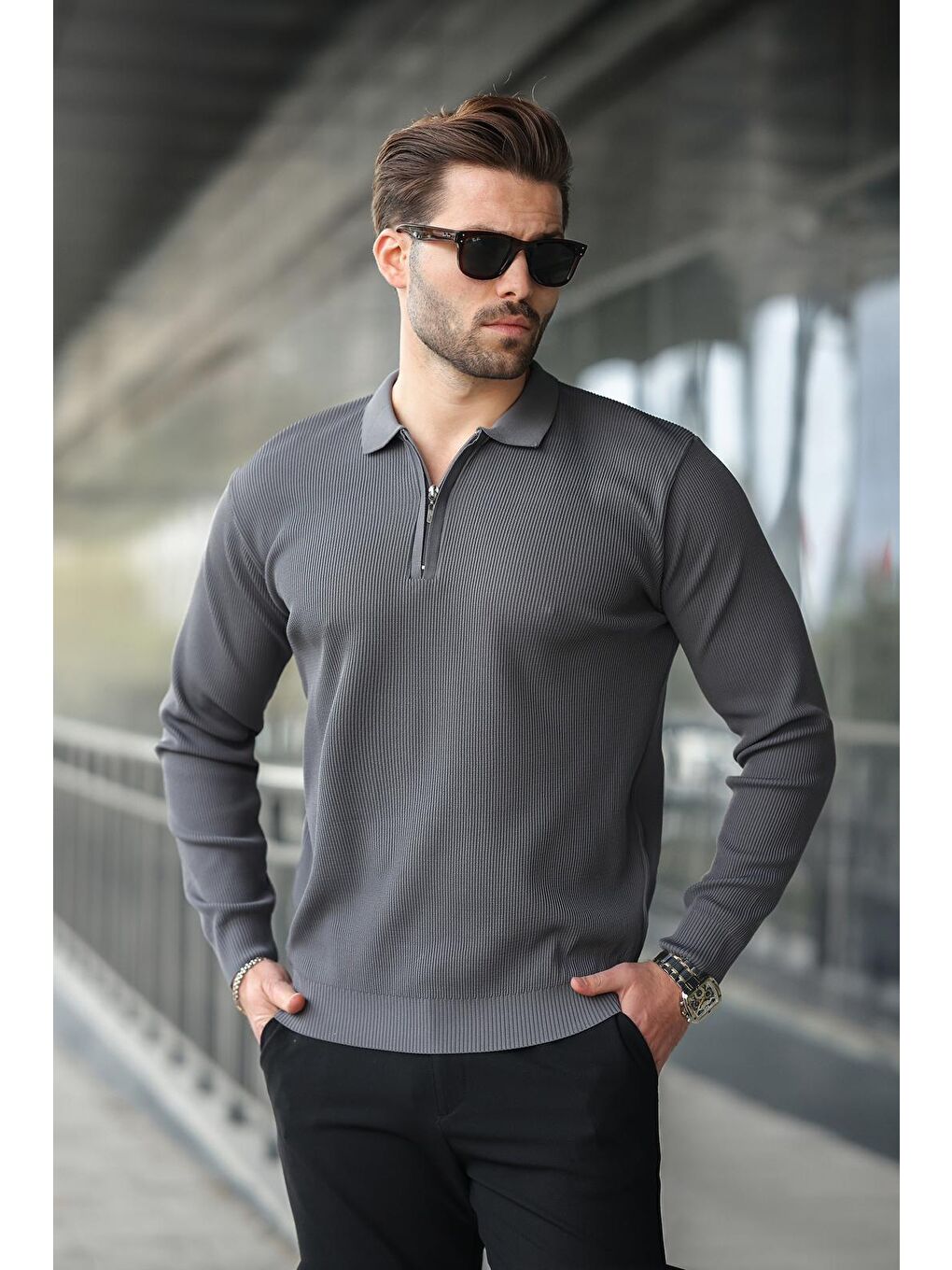 Antrasit Polo Yaka Fermuarlı Uzun Kollu Erkek Kazak 7240