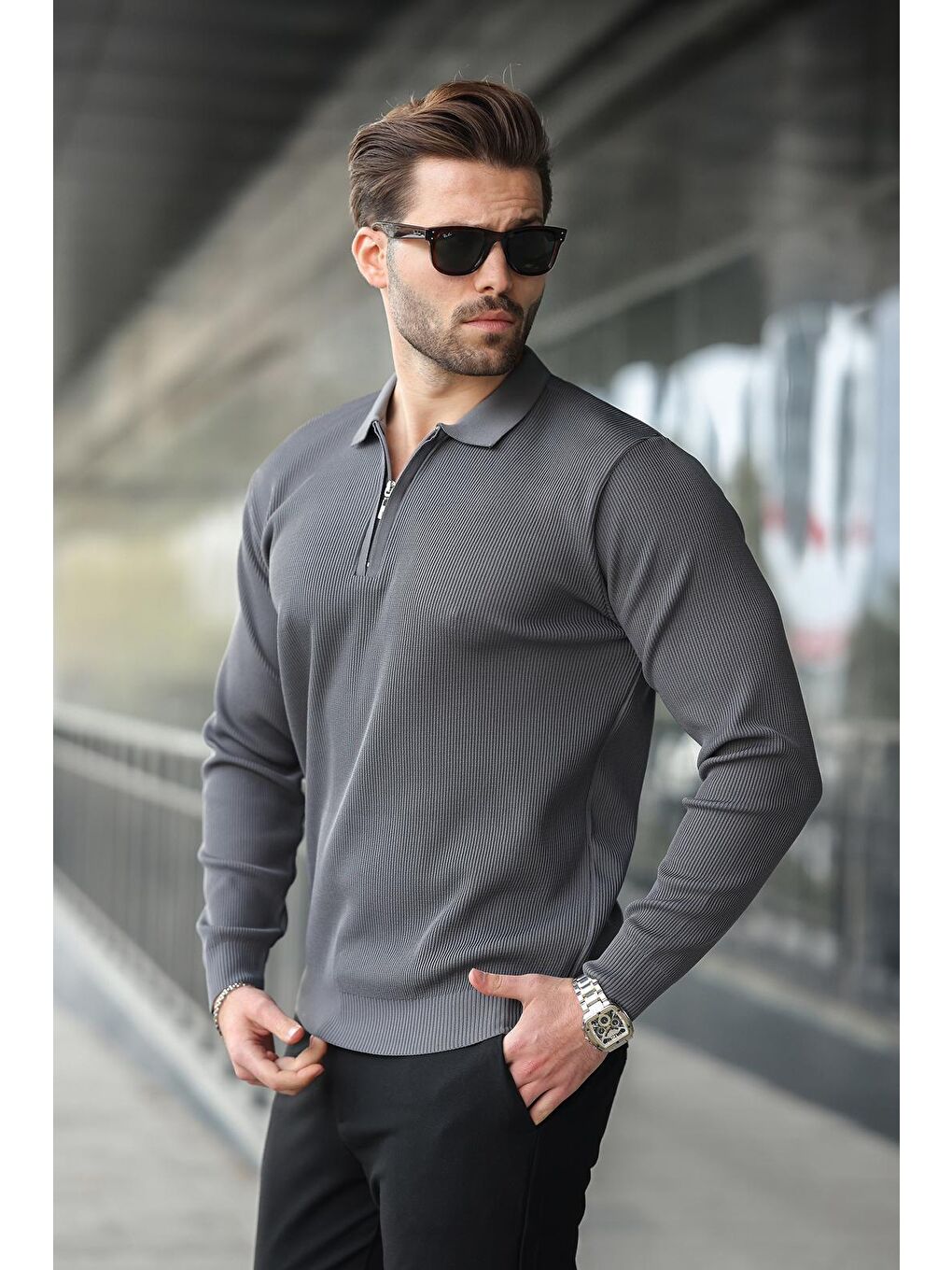 Antrasit Polo Yaka Fermuarlı Uzun Kollu Erkek Kazak 7240-1