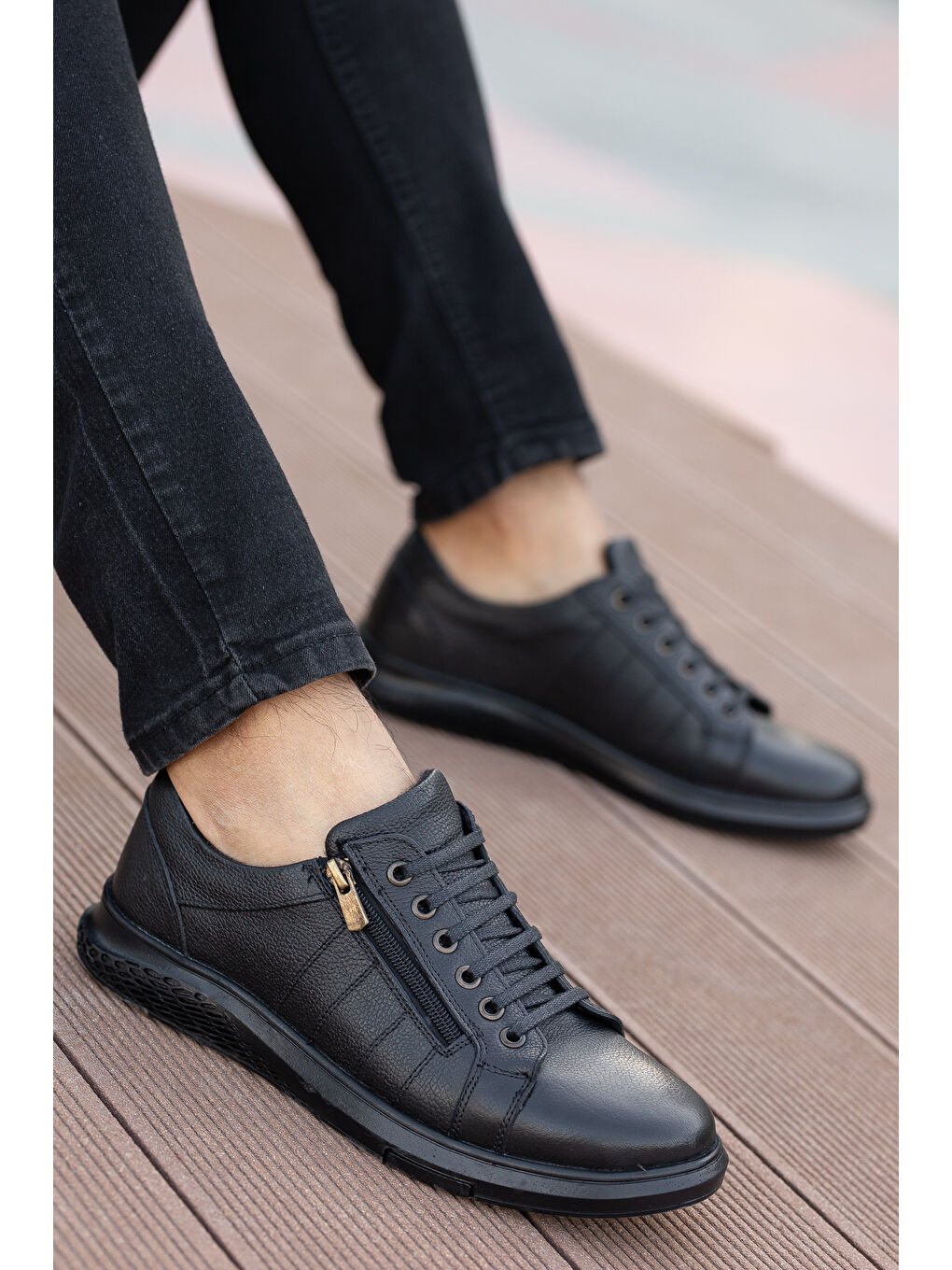 D262 Günlük Ortopedik Hakiki Deri Erkek Ayakkabı Siyah-3