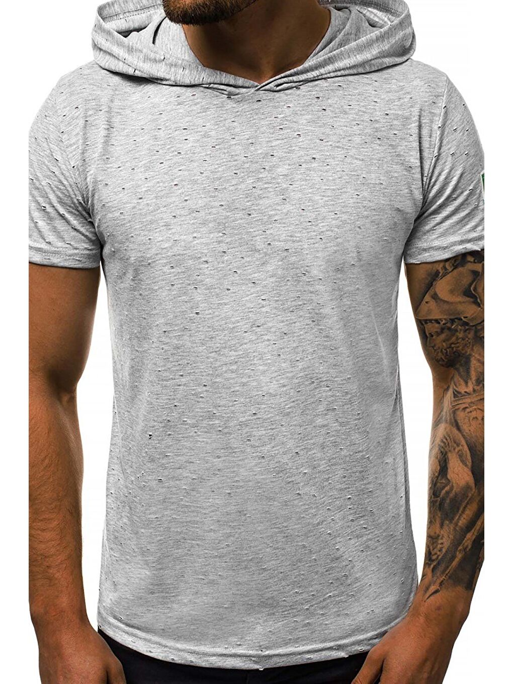 Yırtık Detaylı Gri Kapüşonlu %100 Pamuk Tişört 3069-1