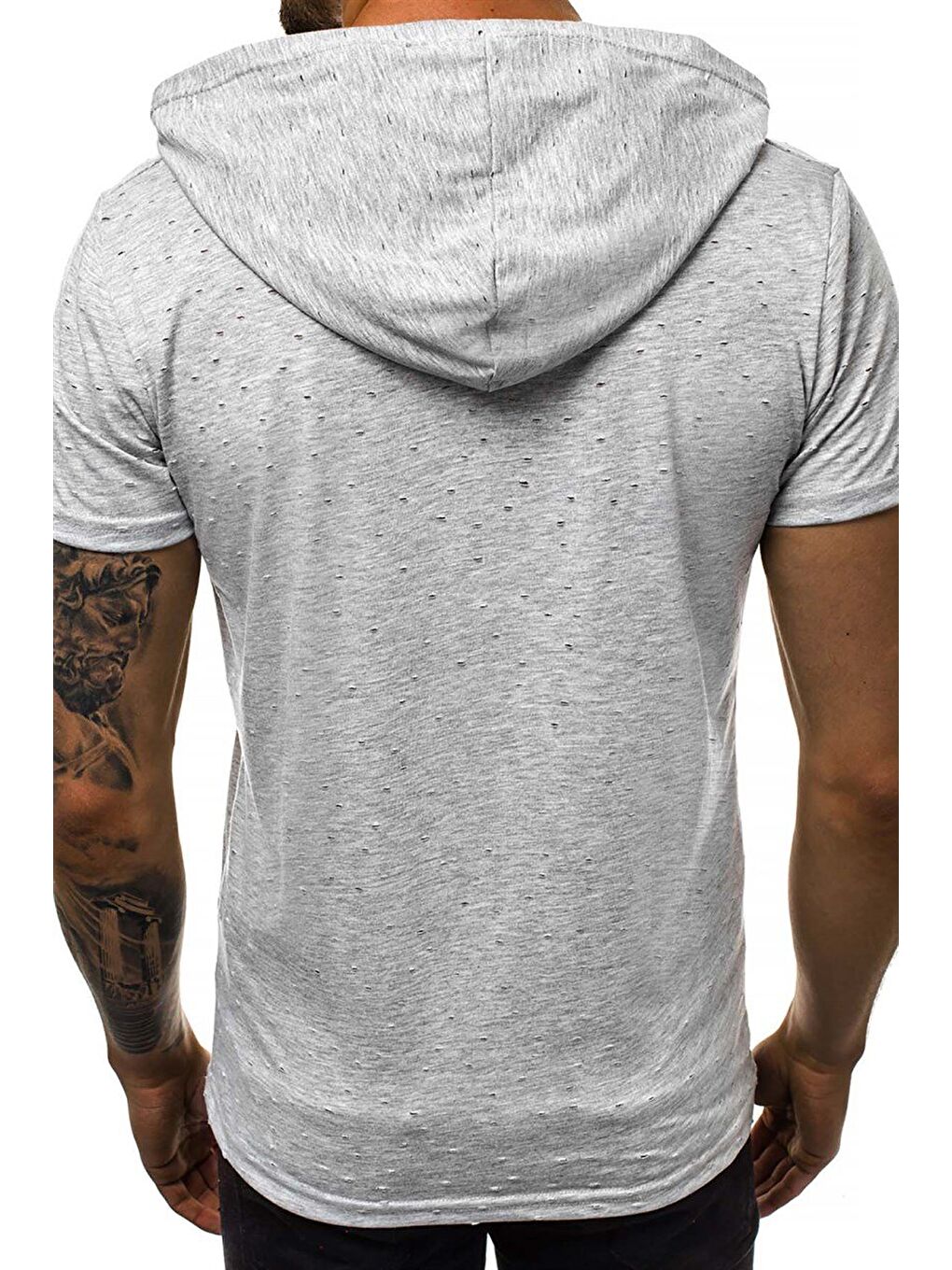 Yırtık Detaylı Gri Kapüşonlu %100 Pamuk Tişört 3069-2