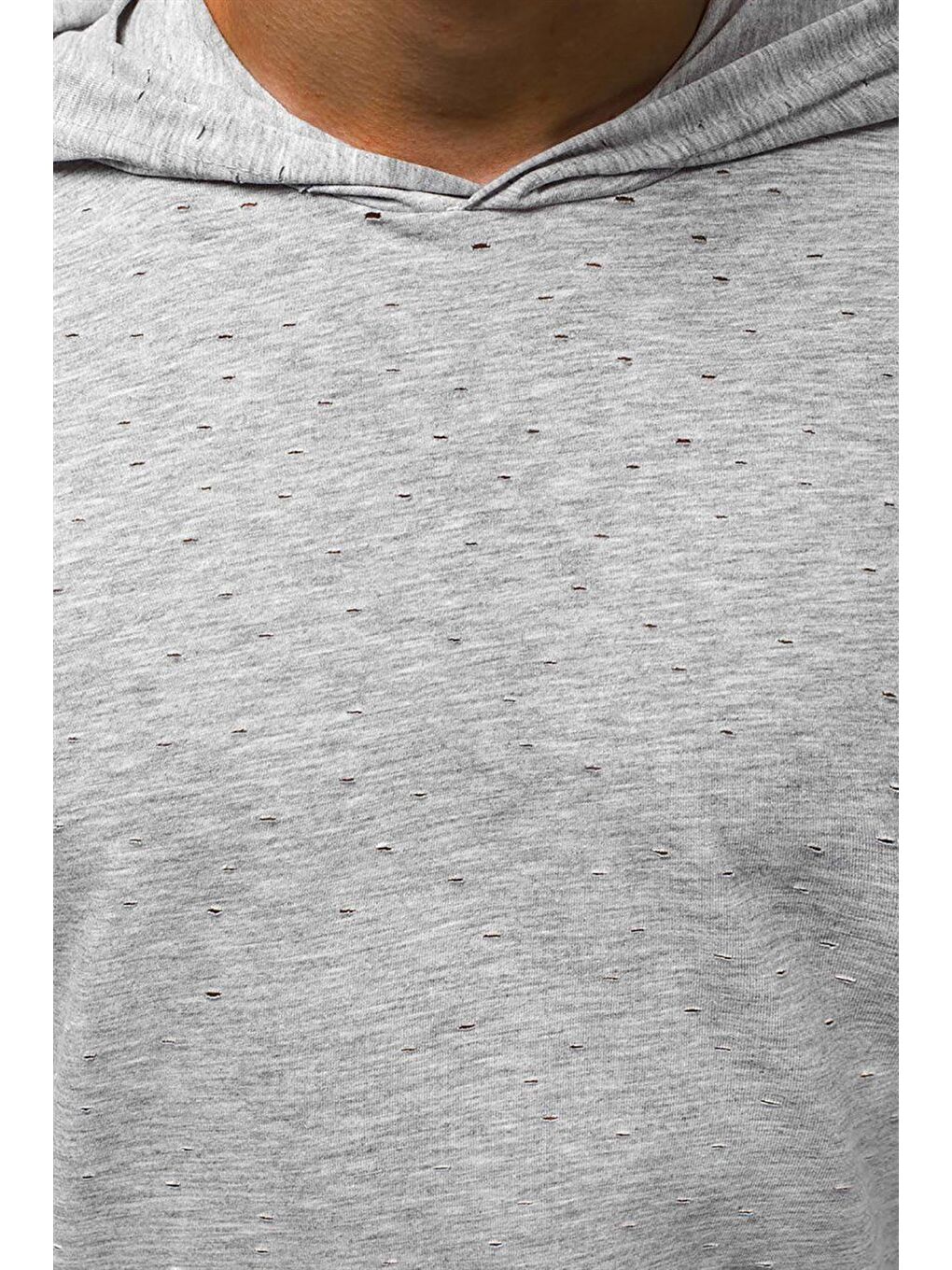 Yırtık Detaylı Gri Kapüşonlu %100 Pamuk Tişört 3069-3