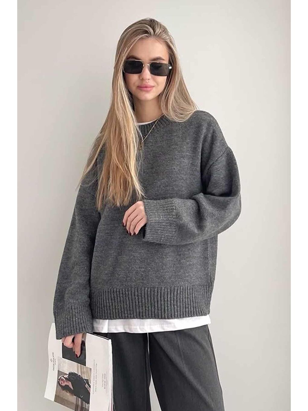 Antrasit Bisiklet Yaka Oversize Triko Kazak Mg1972-1