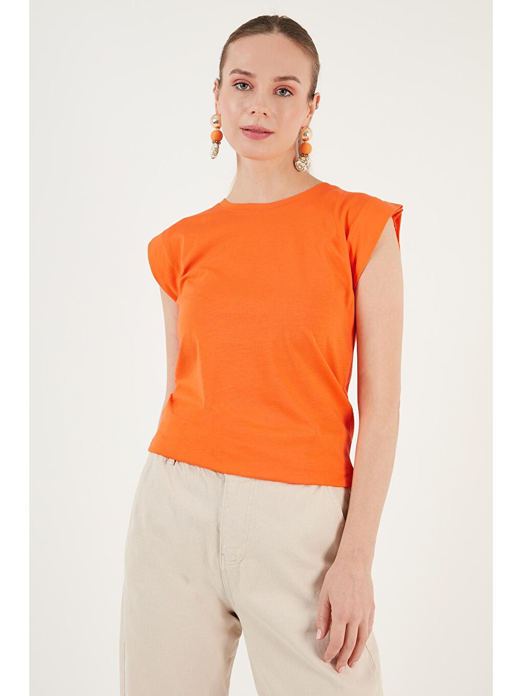 Turuncu % 100 Pamuklu Bisiklet Yaka Kolsuz Kadın T Shirt 5864019-2