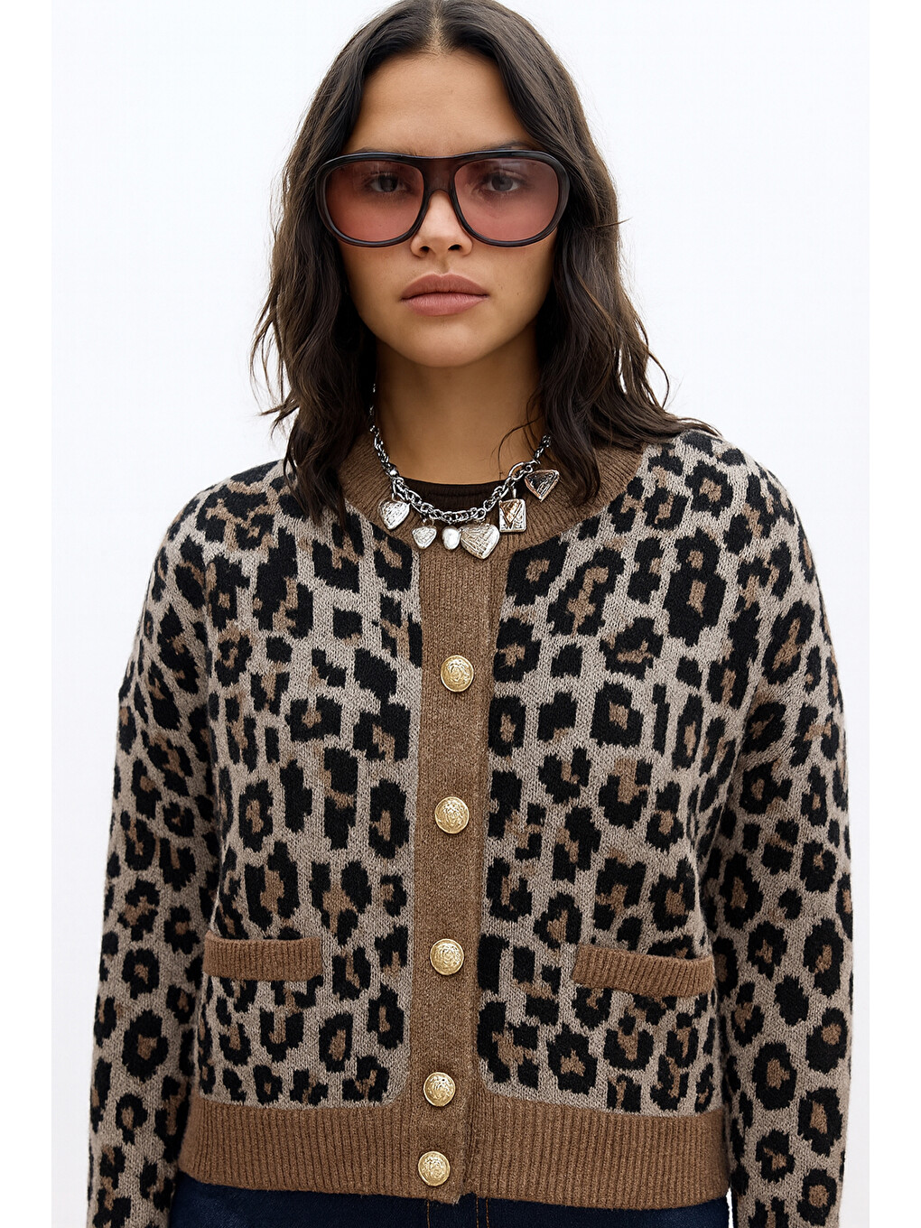 Kahverengi Regular Fit Leopar Desenli Hırka 25k0083k1-1