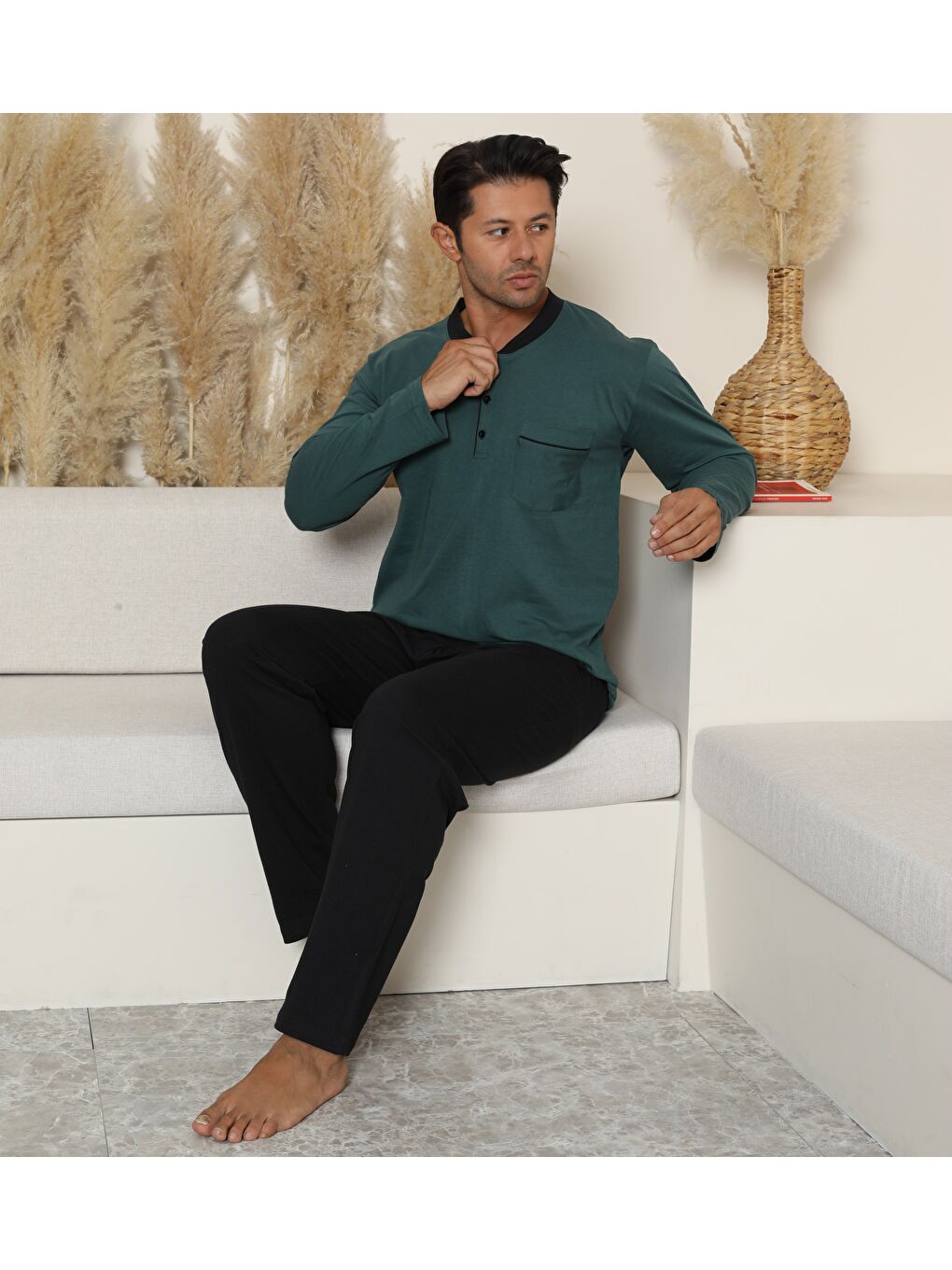 Erkek Haki %100 Organik Doğal Pamuk Yüksek Kalite Düğmeli Uzun Kollu Pijama Takımı-2