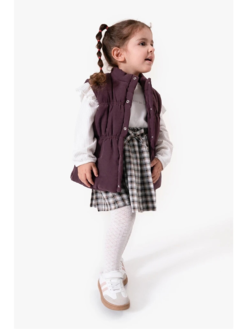 Mürdüm Ekose Etekli Külotlu Çoraplı & Yelekli Bayramlık Kız Bebek 4'lü Takım 9093-2