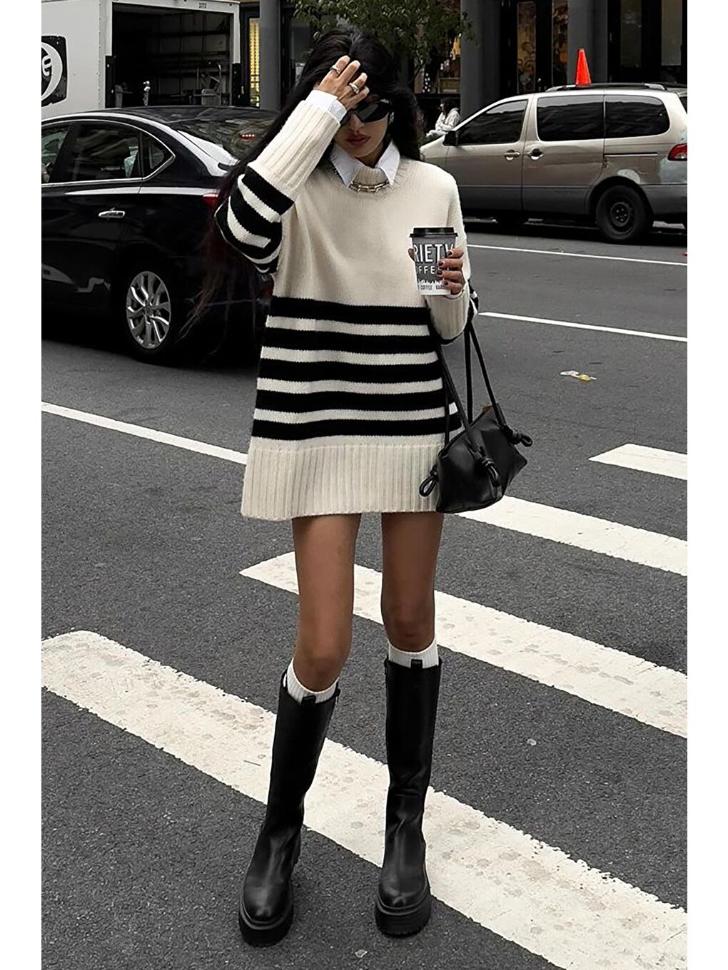 Ekru Krem Oversize Balıkçı Yaka Çizgili Kazak Mg2168