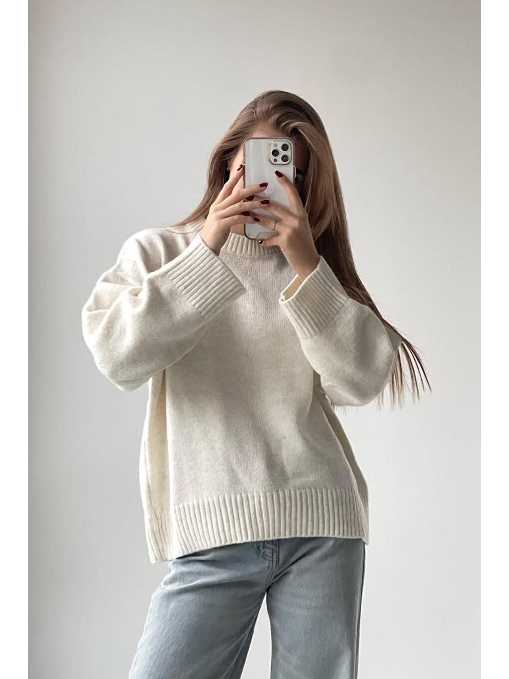 Ekru Bisiklet Yaka Oversize Triko Kazak Mg1972-1