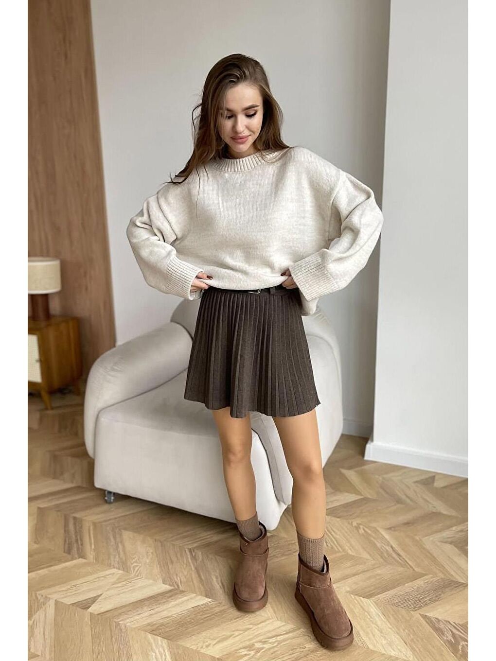 Ekru Bisiklet Yaka Oversize Triko Kazak Mg1972-6