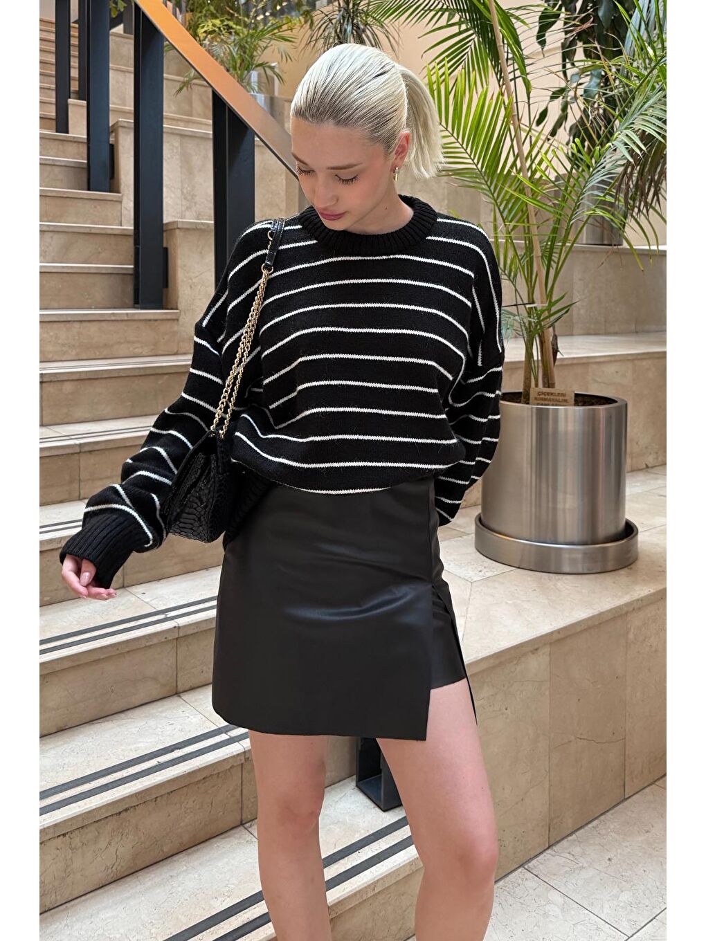 Siyah Çizgili Kadın Triko Kazak Mg1262-2