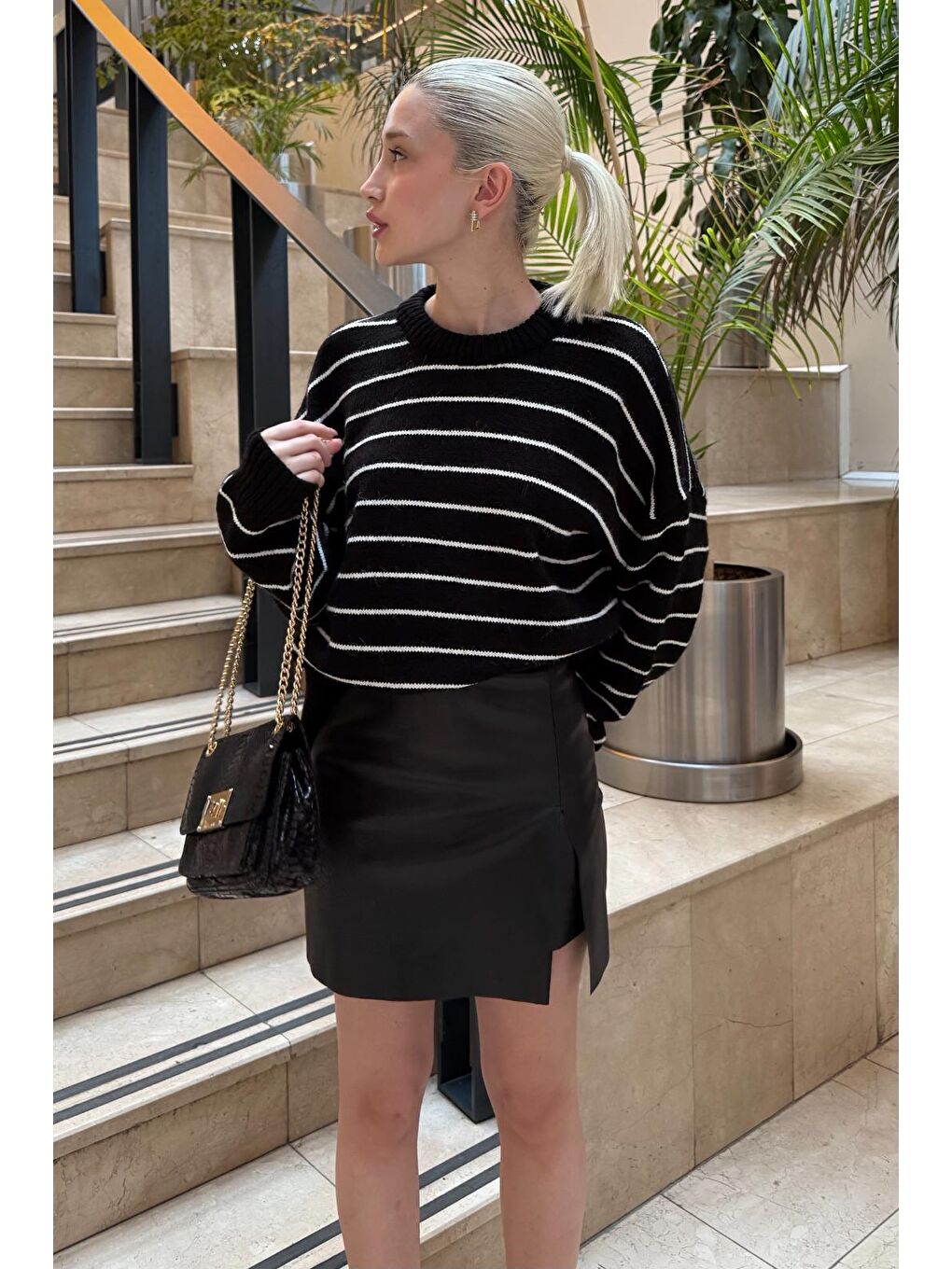 Siyah Çizgili Kadın Triko Kazak Mg1262-10