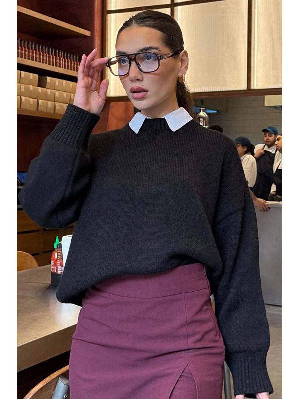 Siyah Bisiklet Yaka Oversize Triko Kazak Mg1972-2