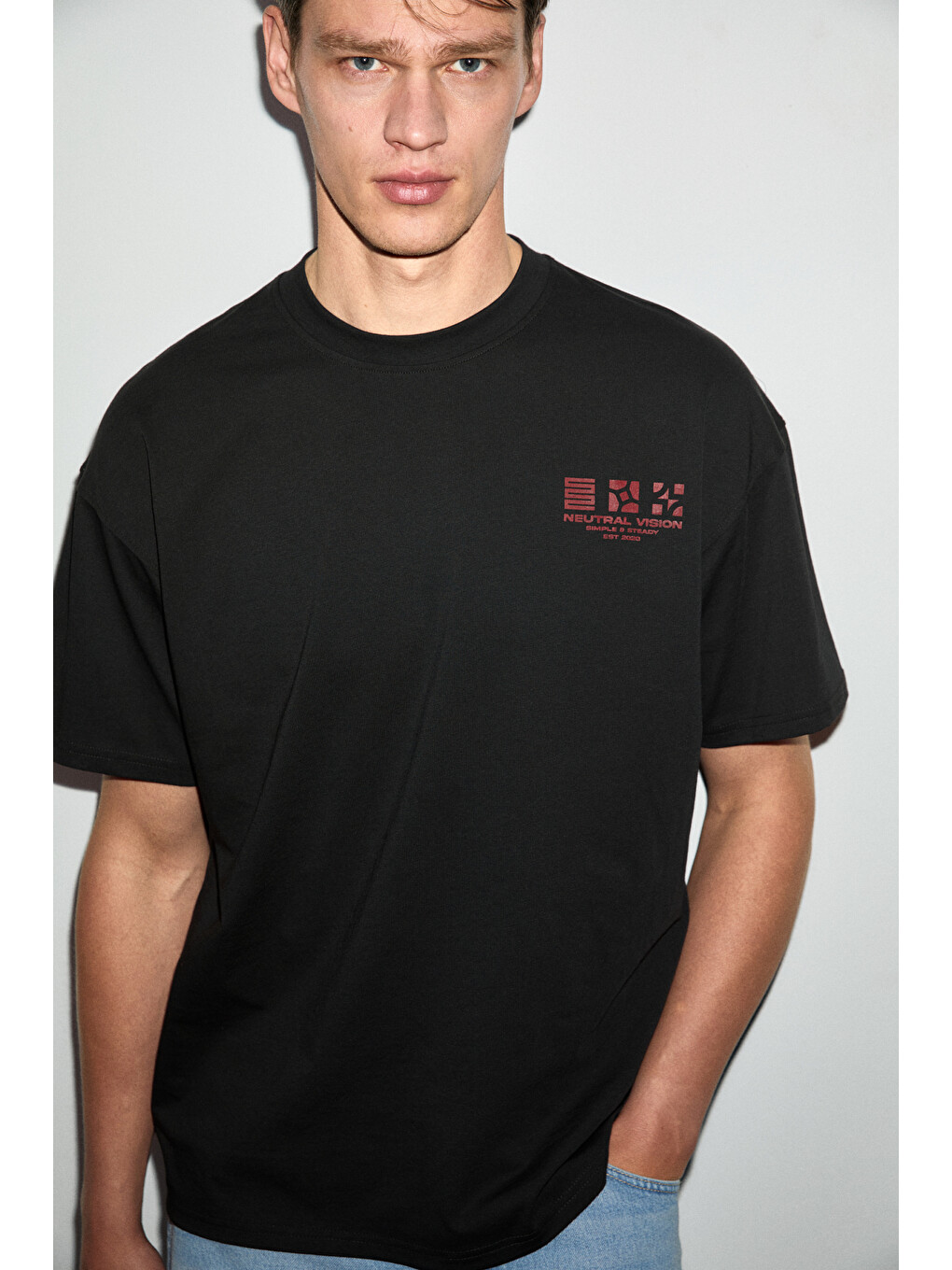 Siyah ANTONIO Erkek Baskı Detaylı %100 Organik Pamuk 3 İplik Örme Oversize SİYAH T-Shirt