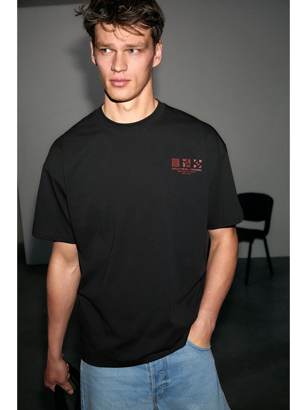 Siyah ANTONIO Erkek Baskı Detaylı %100 Organik Pamuk 3 İplik Örme Oversize SİYAH T-Shirt-1