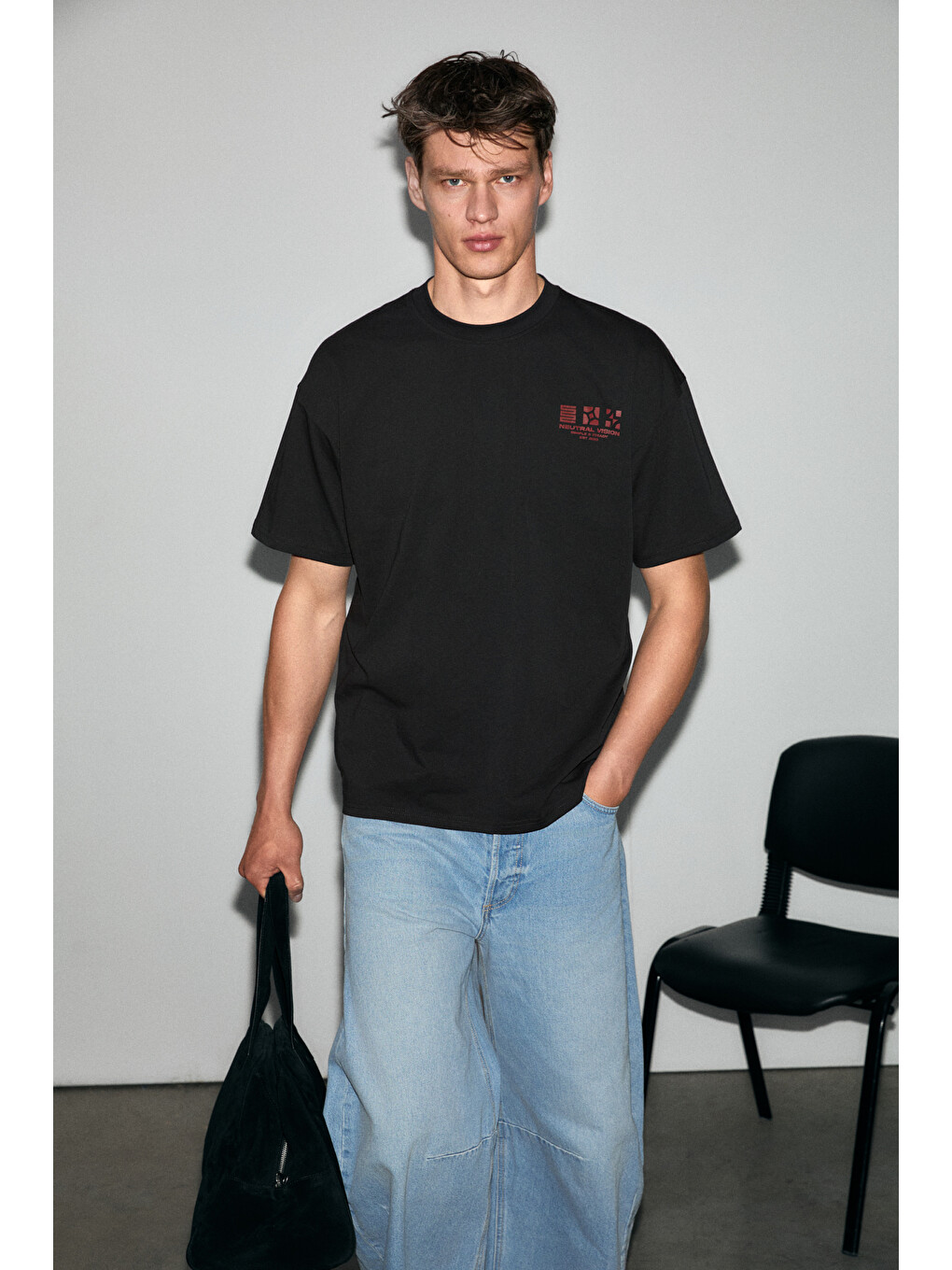 Siyah ANTONIO Erkek Baskı Detaylı %100 Organik Pamuk 3 İplik Örme Oversize SİYAH T-Shirt-2