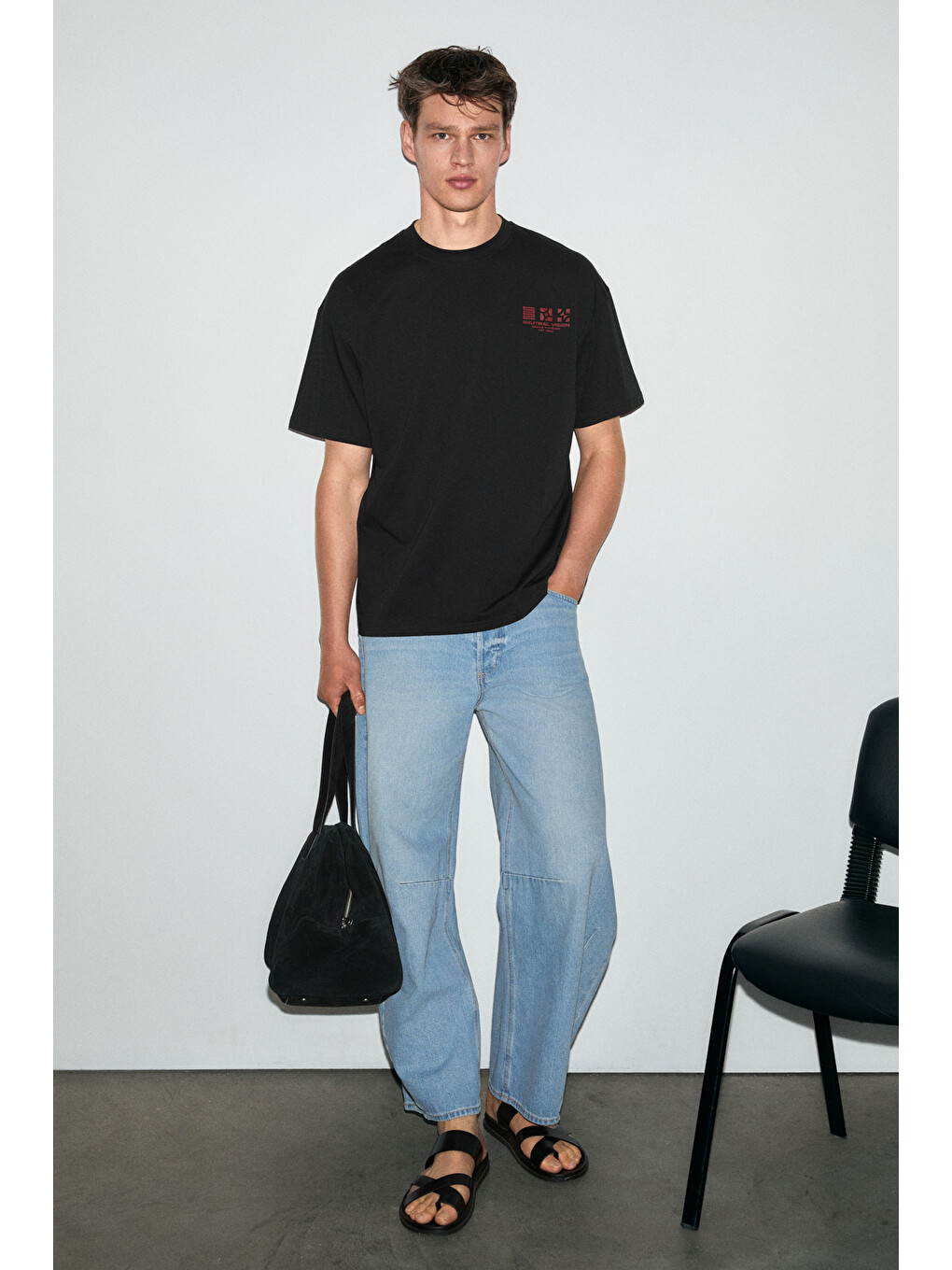 Siyah ANTONIO Erkek Baskı Detaylı %100 Organik Pamuk 3 İplik Örme Oversize SİYAH T-Shirt-3