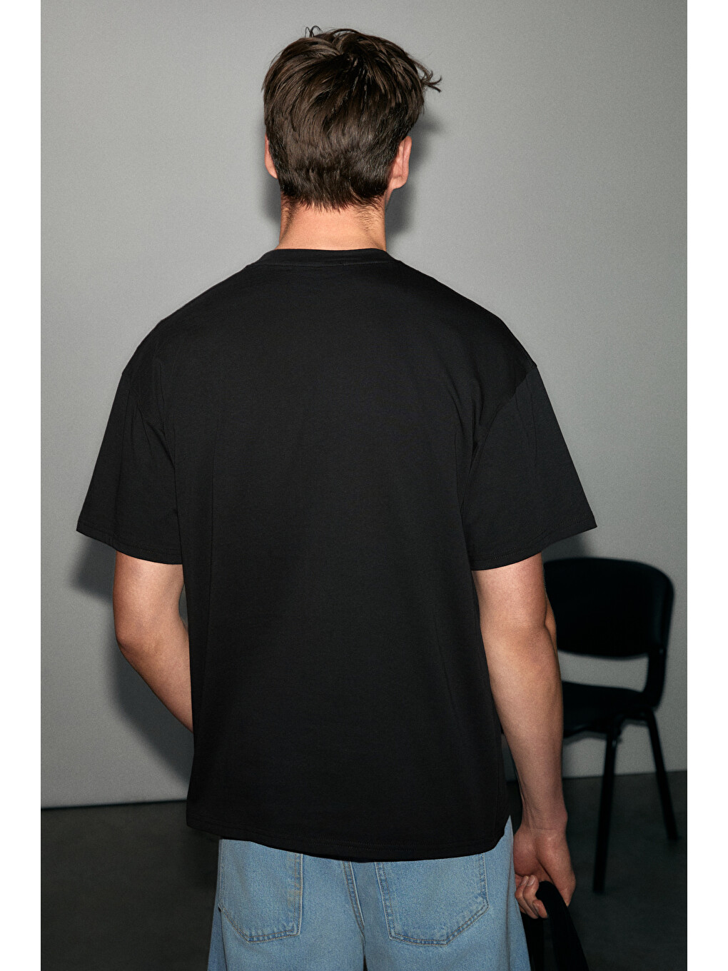 Siyah ANTONIO Erkek Baskı Detaylı %100 Organik Pamuk 3 İplik Örme Oversize SİYAH T-Shirt-4