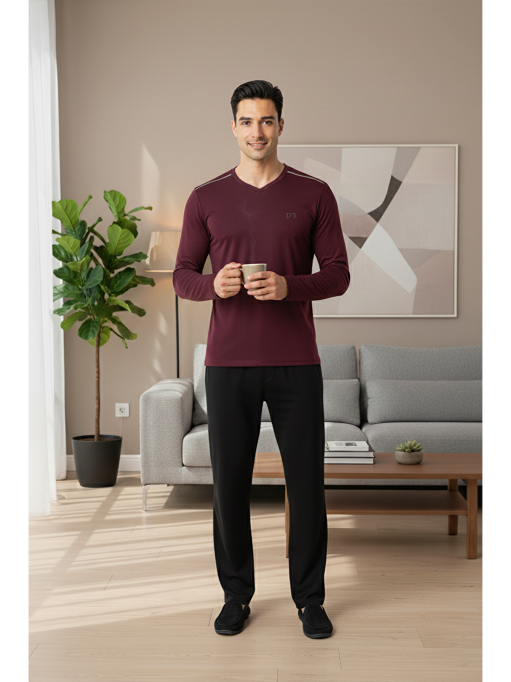 Maschio Pamuk V Yaka Pijama Takımı Bordo-5