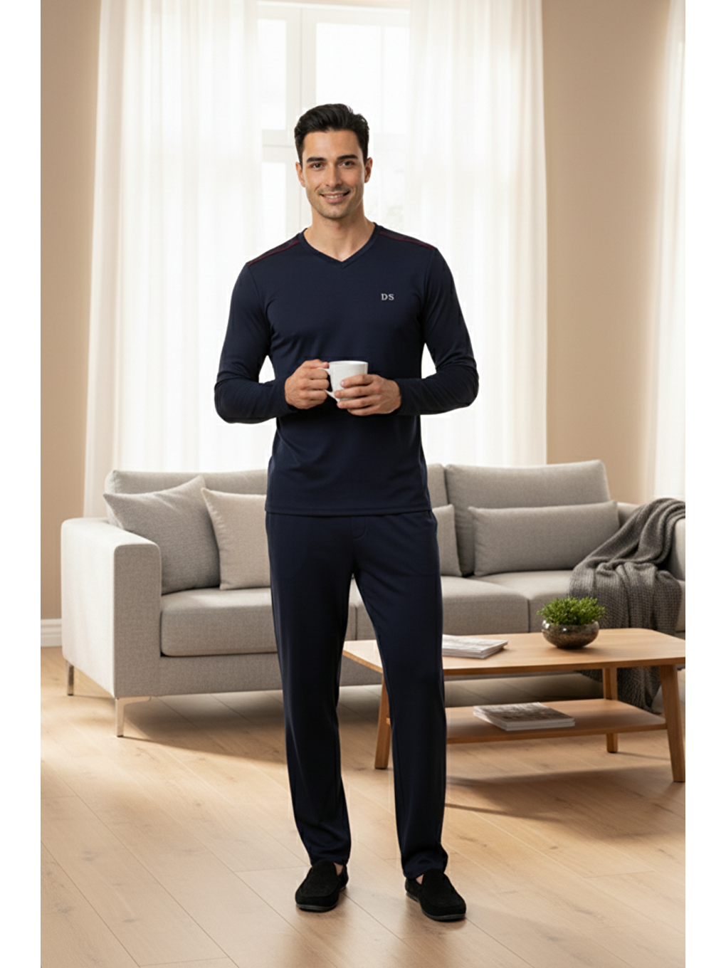 Maschio Pamuk V Yaka Pijama Takımı Lacivert-5