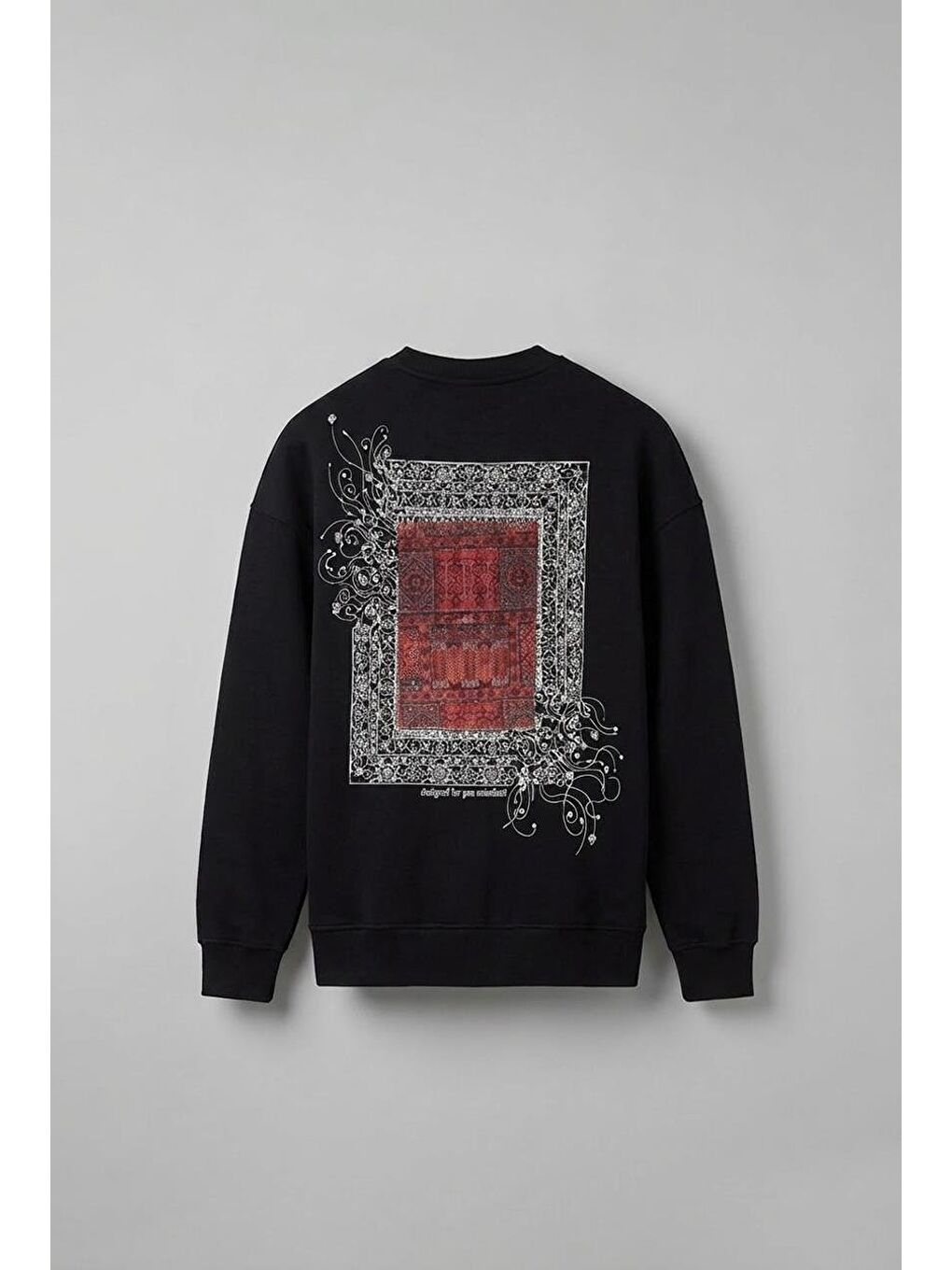 Erkek Oversize Desen Yamalı Sweatshirt Siyah-1