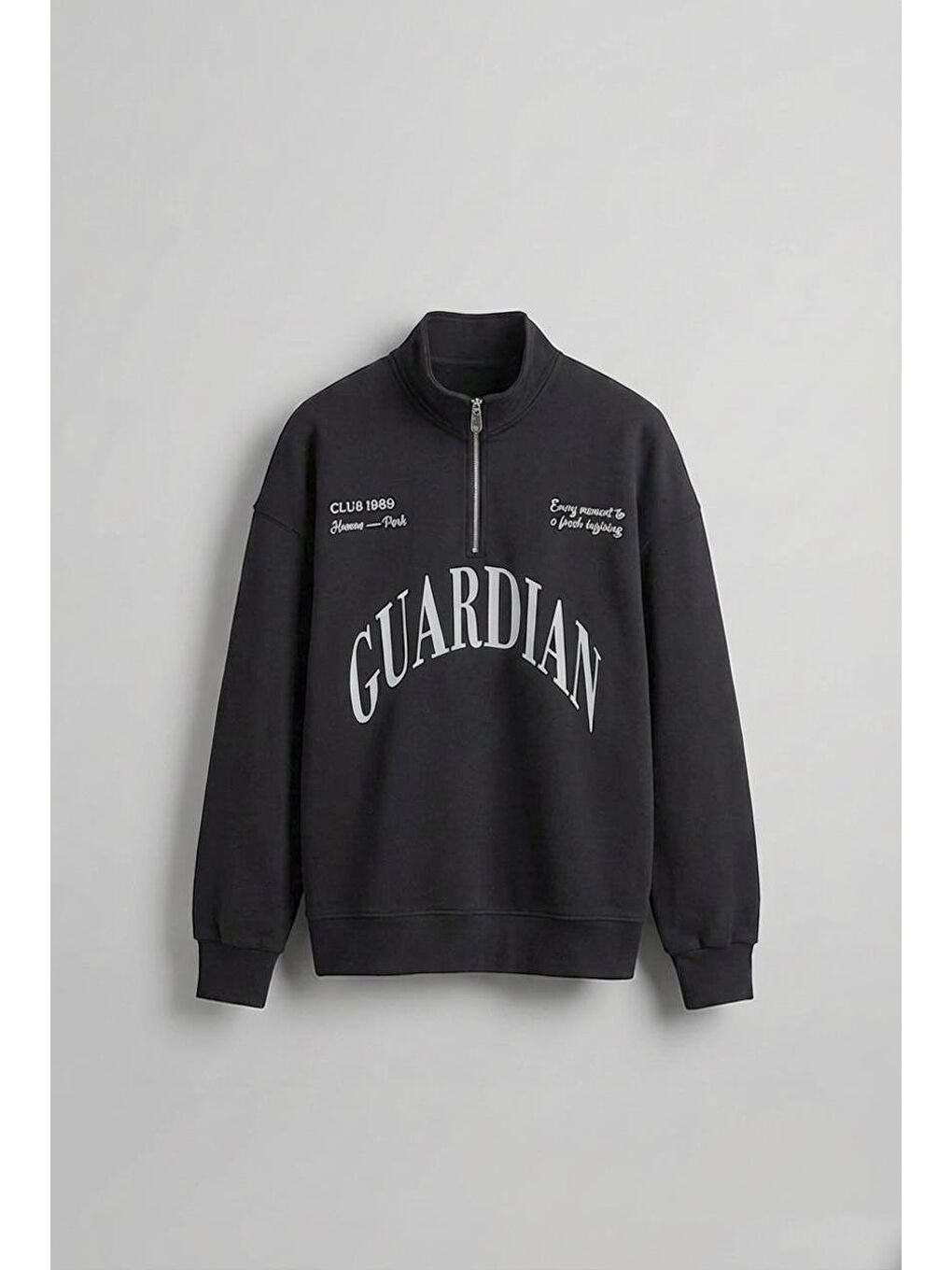 Erkek Oversize Yarım Fermuarlı Dik Yakalı Baskılı Sweatshirt Antrasit