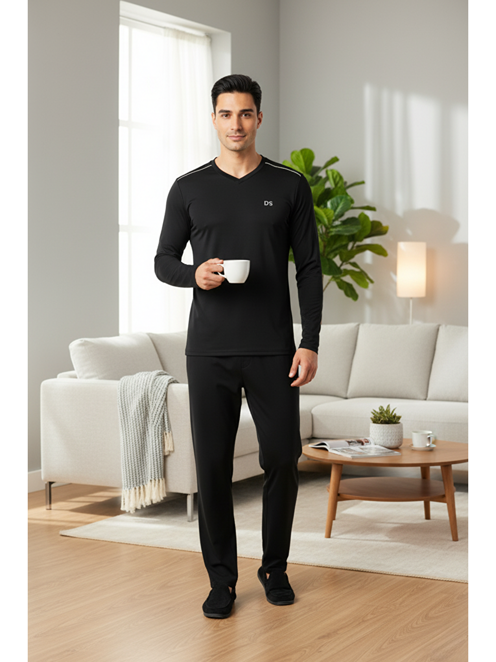 Maschio Pamuk V Yaka Pijama Takımı Siyah-5
