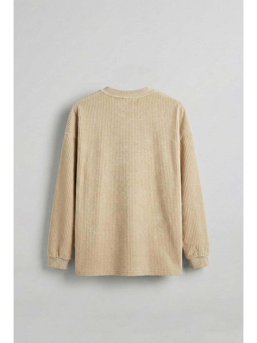 Erkek Oversize Yuvarlak Yaka Fitilli Kadife Sweatshirt Bej-1
