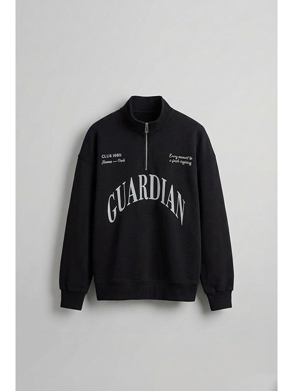 Erkek Oversize Yarım Fermuarlı Dik Yakalı Baskılı Sweatshirt Siyah