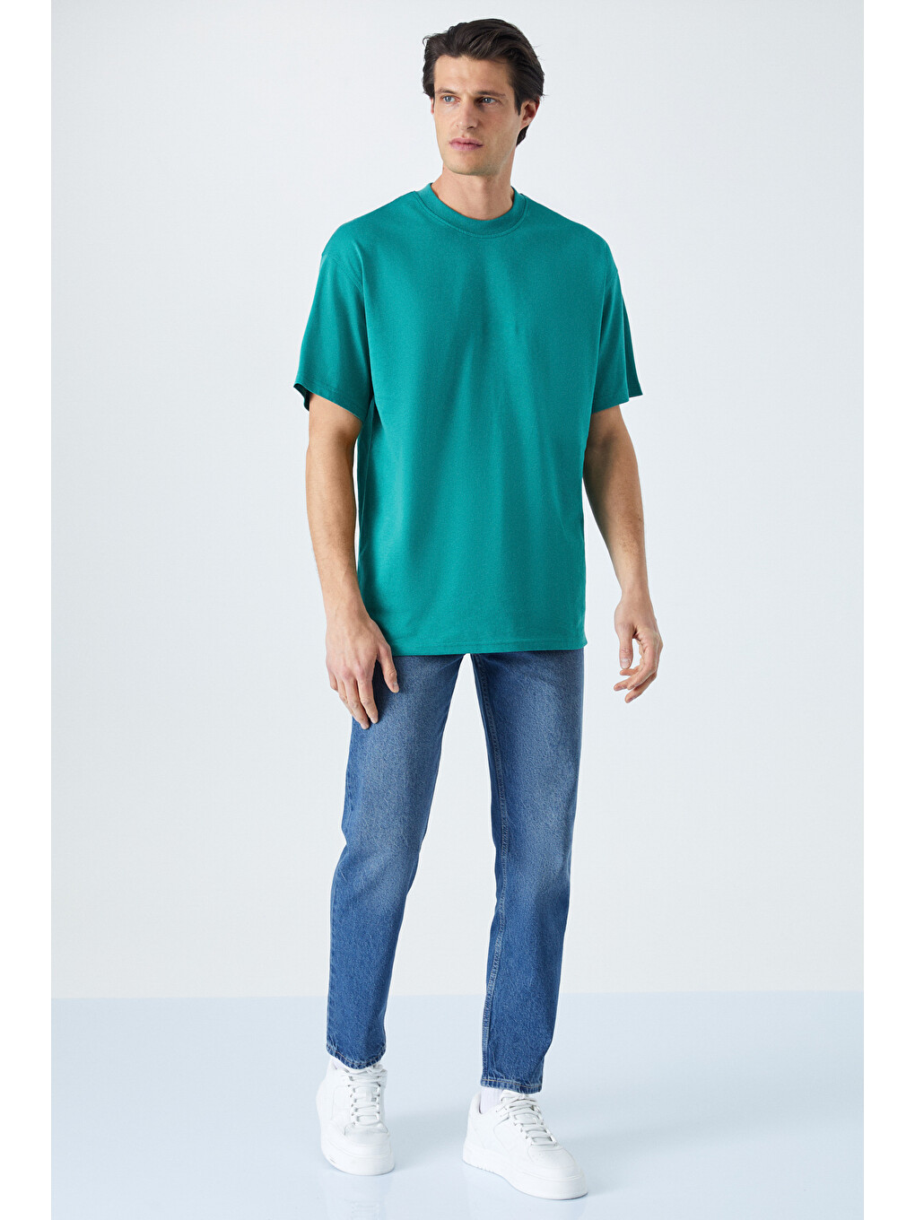 Erkek Oversize Fit %100 Organik Pamuk Kalın Dokulu Bisiklet Yakalı Yeşil Tişört-3