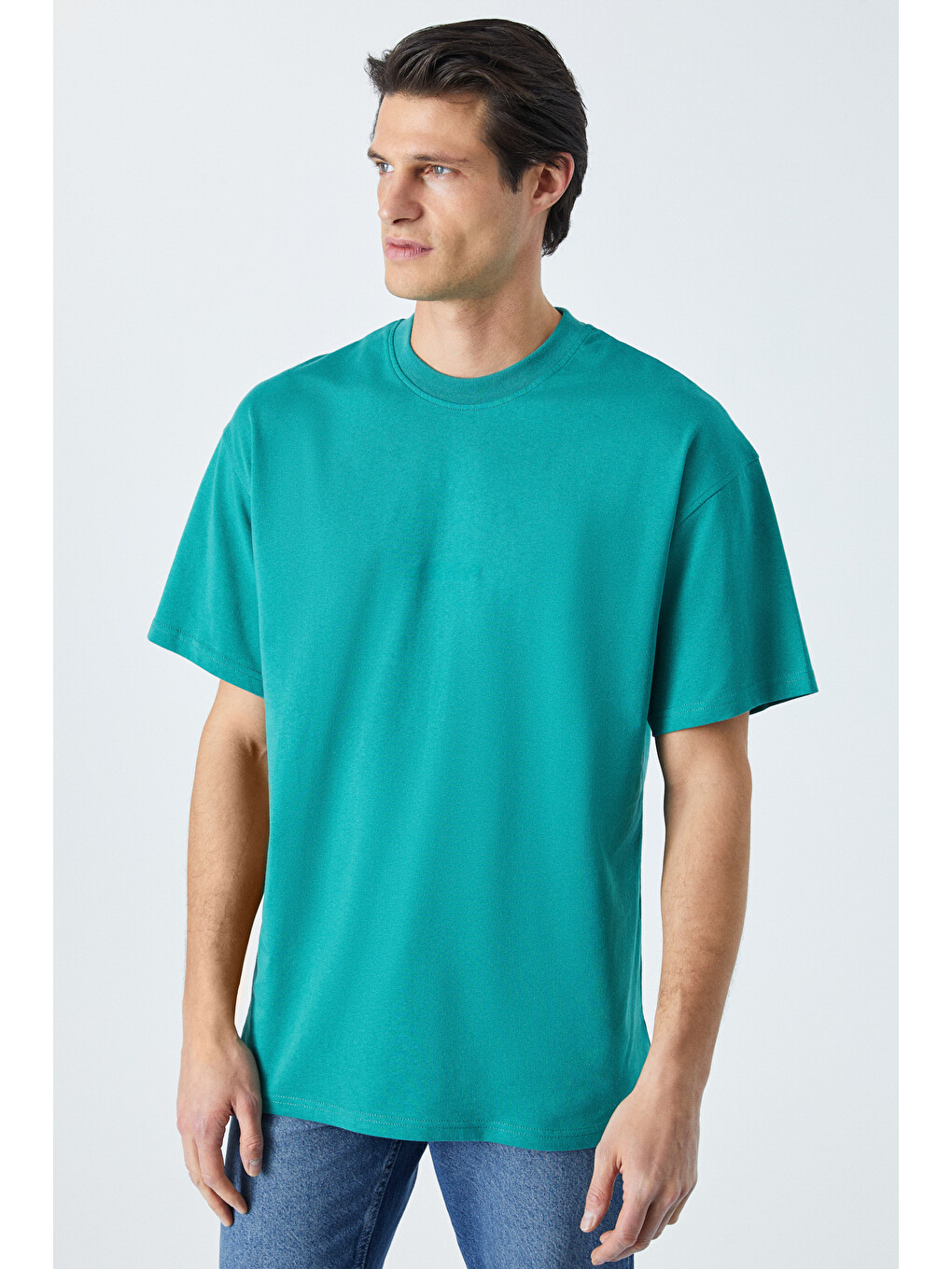 Erkek Oversize Fit %100 Organik Pamuk Kalın Dokulu Bisiklet Yakalı Yeşil Tişört-5