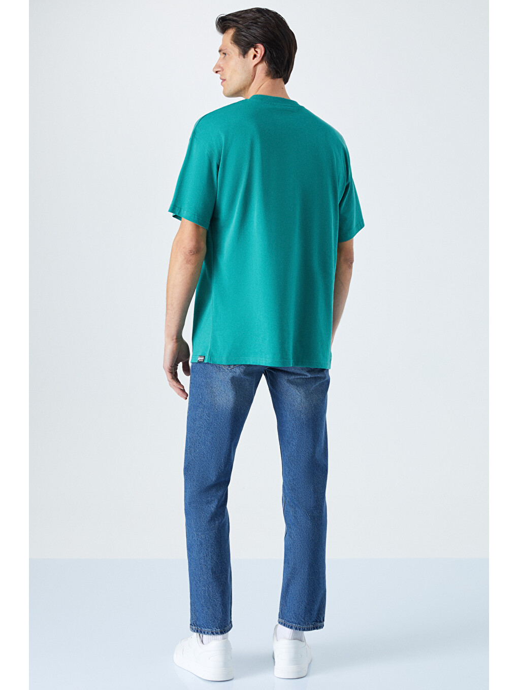 Erkek Oversize Fit %100 Organik Pamuk Kalın Dokulu Bisiklet Yakalı Yeşil Tişört-9