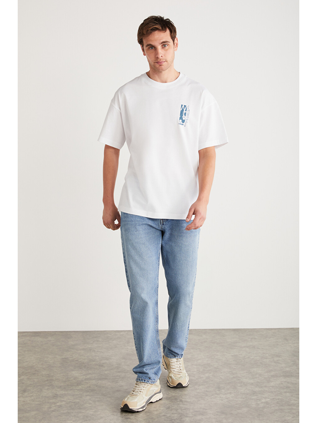 Beyaz ANTONIO Erkek Baskı Detaylı %100 Organik Pamuk 3 İplik Örme Oversize BEYAZ T-Shirt