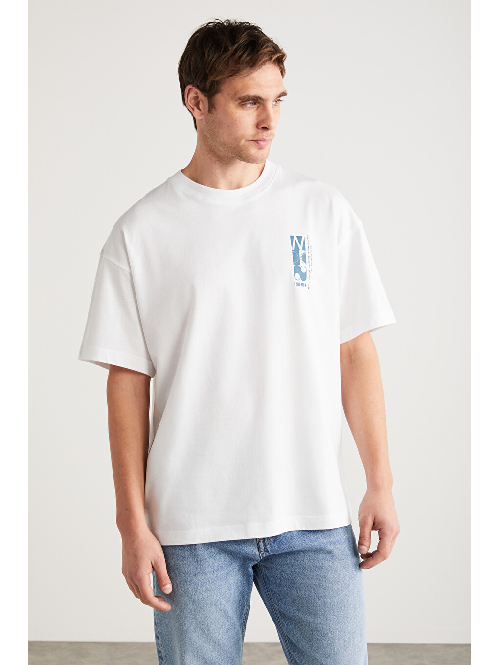 Beyaz ANTONIO Erkek Baskı Detaylı %100 Organik Pamuk 3 İplik Örme Oversize BEYAZ T-Shirt-1