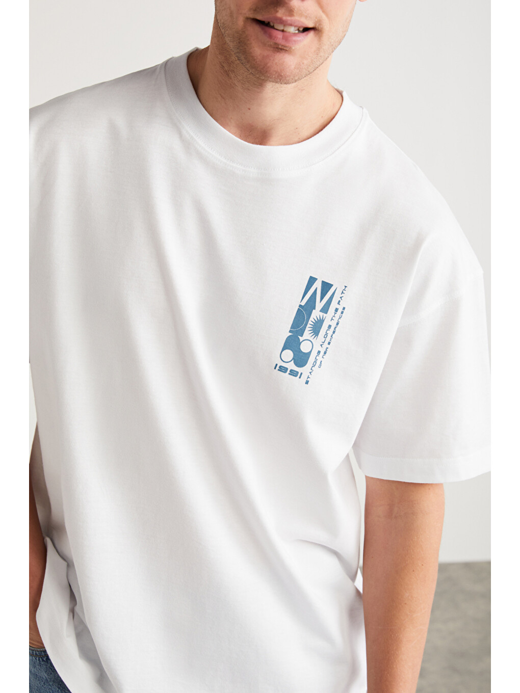 Beyaz ANTONIO Erkek Baskı Detaylı %100 Organik Pamuk 3 İplik Örme Oversize BEYAZ T-Shirt-2
