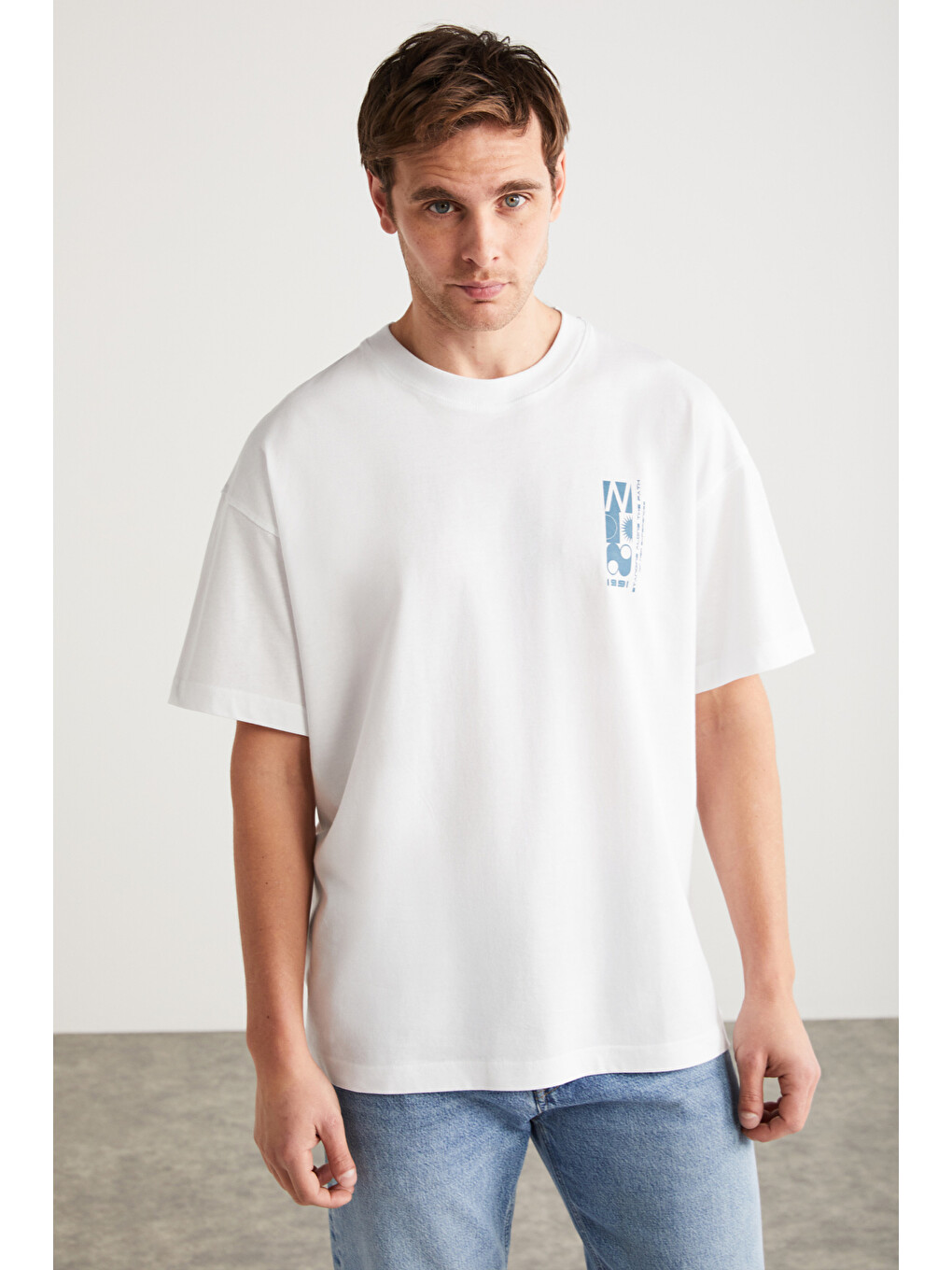 Beyaz ANTONIO Erkek Baskı Detaylı %100 Organik Pamuk 3 İplik Örme Oversize BEYAZ T-Shirt-4
