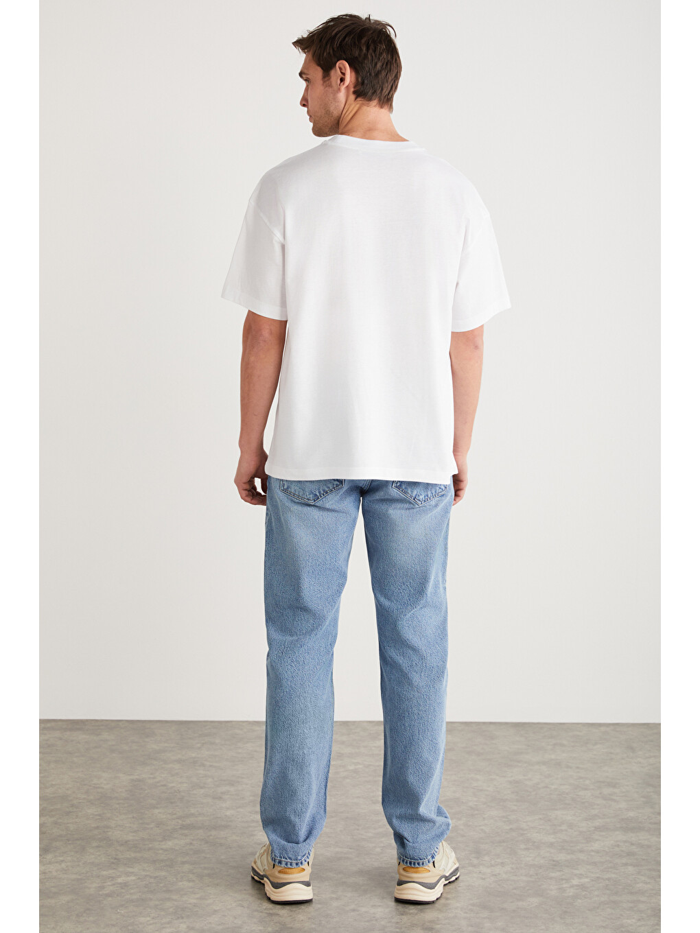 Beyaz ANTONIO Erkek Baskı Detaylı %100 Organik Pamuk 3 İplik Örme Oversize BEYAZ T-Shirt-5