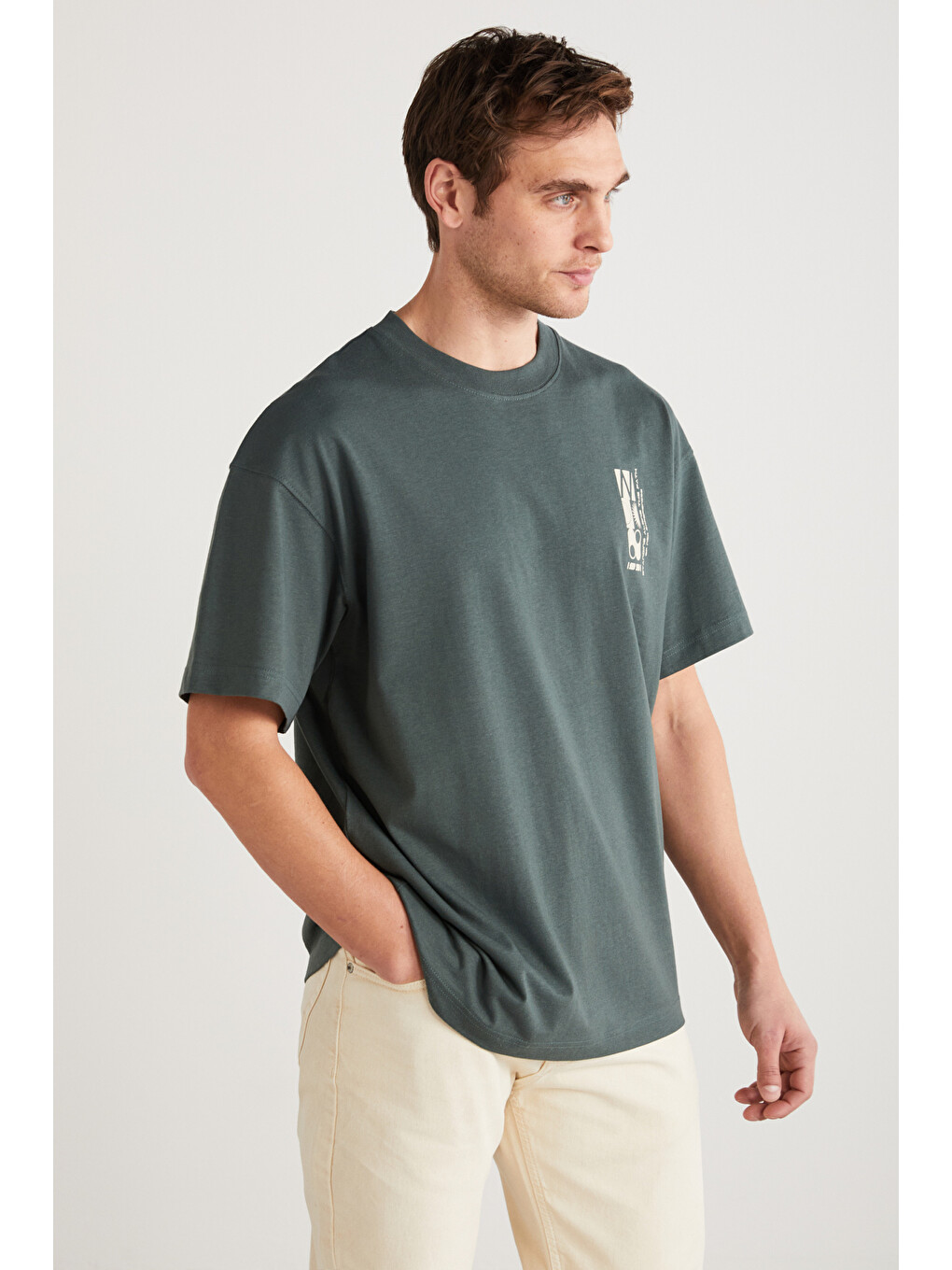 Yeşil ANTONIO Erkek Baskı Detaylı %100 Organik Pamuk 3 İplik Örme Oversize YEŞİL T-Shirt-1